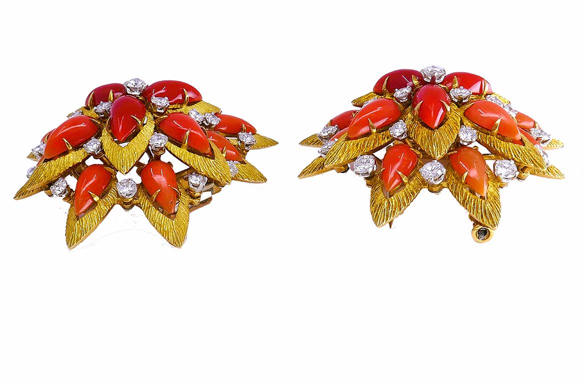 Women's or Men's Vintage Bulgari Gold Platinum Earrings and Clip Brooches Set Coral Jewelry For Sale