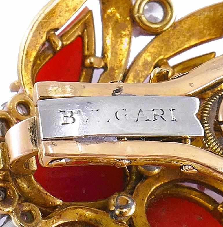 Vintage Bulgari Gold Platinum Earrings and Clip Brooches Set Coral Jewelry For Sale 1
