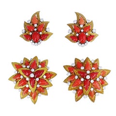 Vintage Bulgari Gold Platinum Earrings and Clips Brooches Set Coral Jewelry
