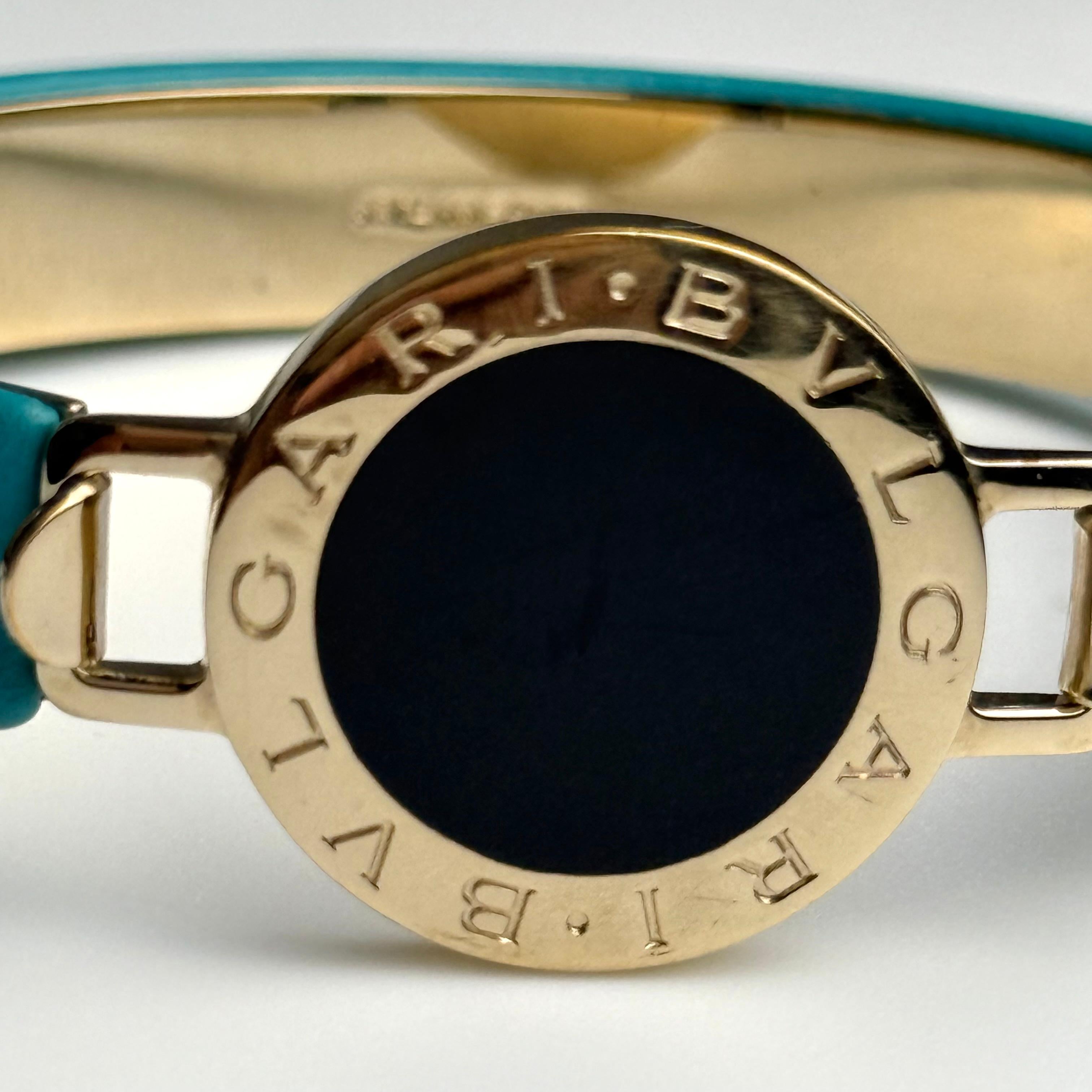 Pulsera vintage Bulgari de metal dorado y cuero turquesa Moderno en venta