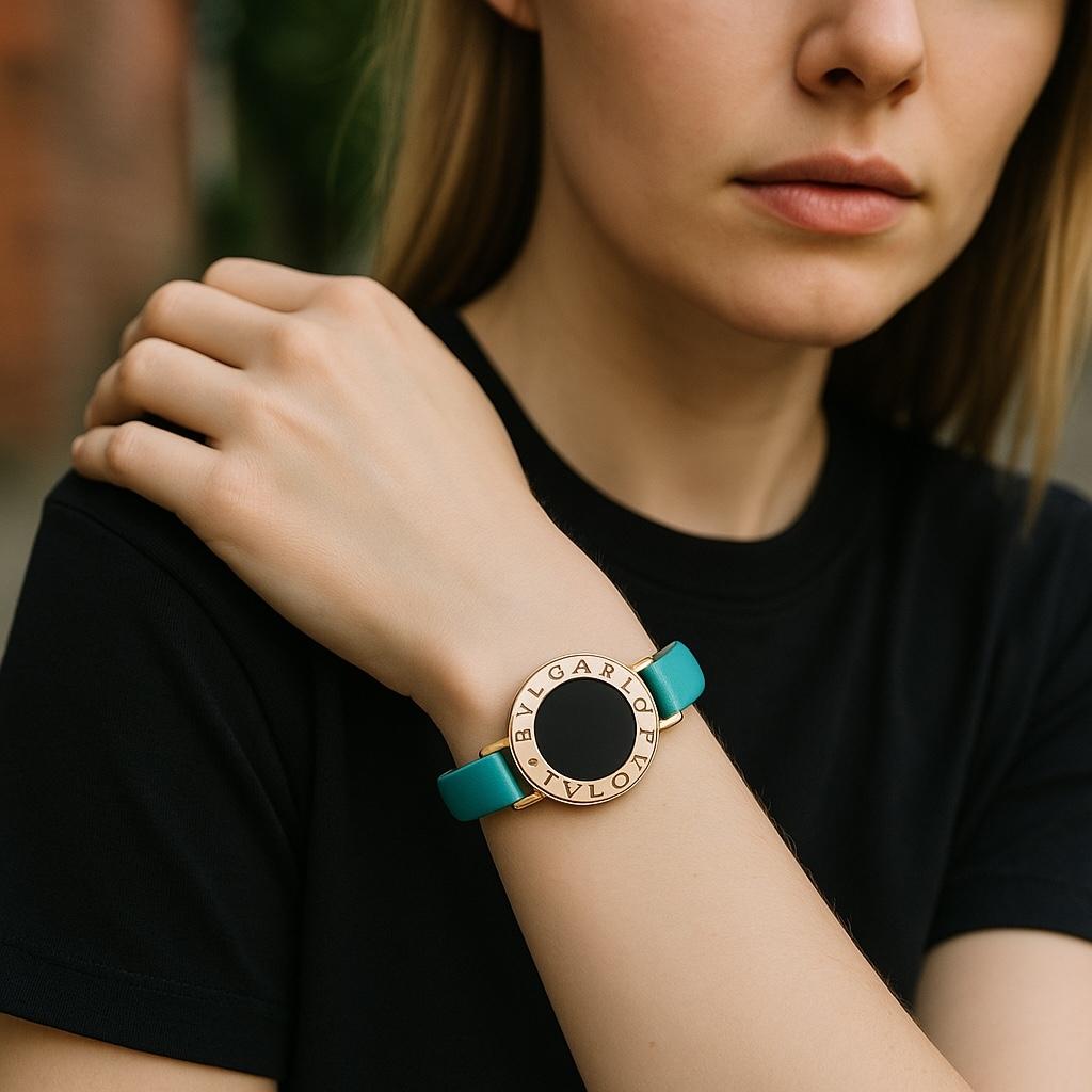 Una audaz fusión de artesanía italiana y glamour moderno
Eleva tu rotación de accesorios con este Brazalete Bulgari Vintage, con cuero en tono turquesa y detalles metálicos dorados para un look distintivo y a la moda. Con su estuche original de