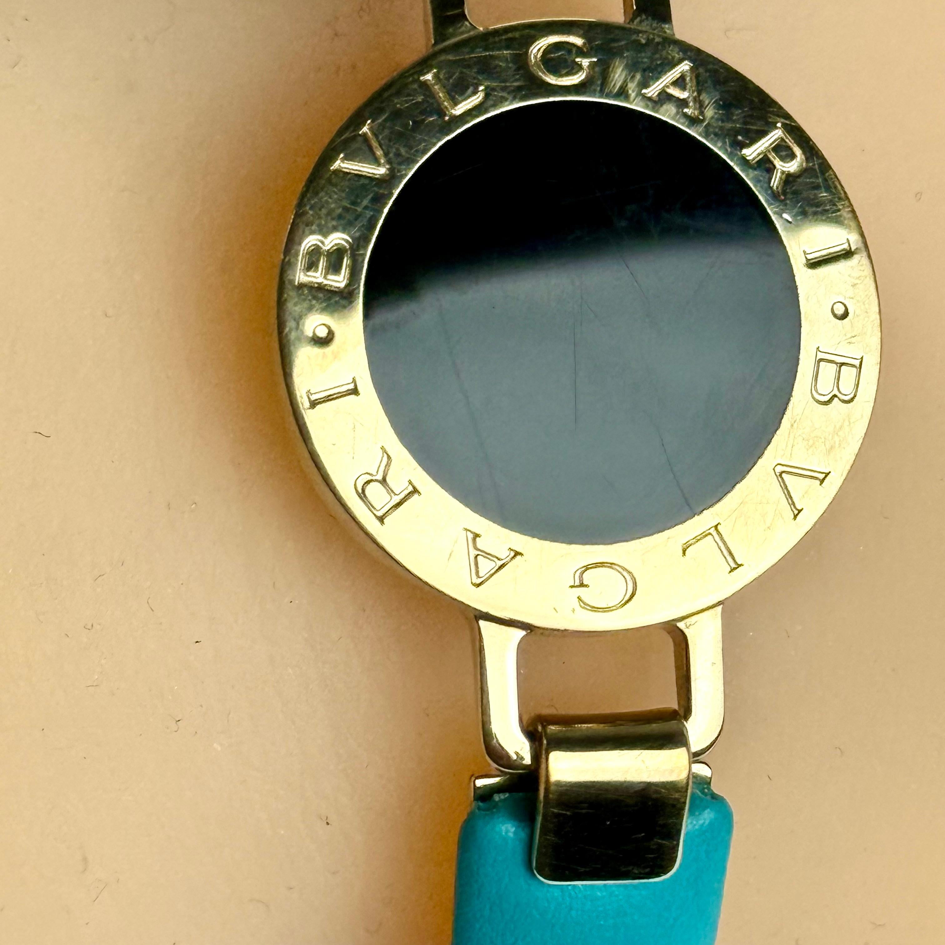 Pulsera vintage Bulgari de metal dorado y cuero turquesa en venta 3