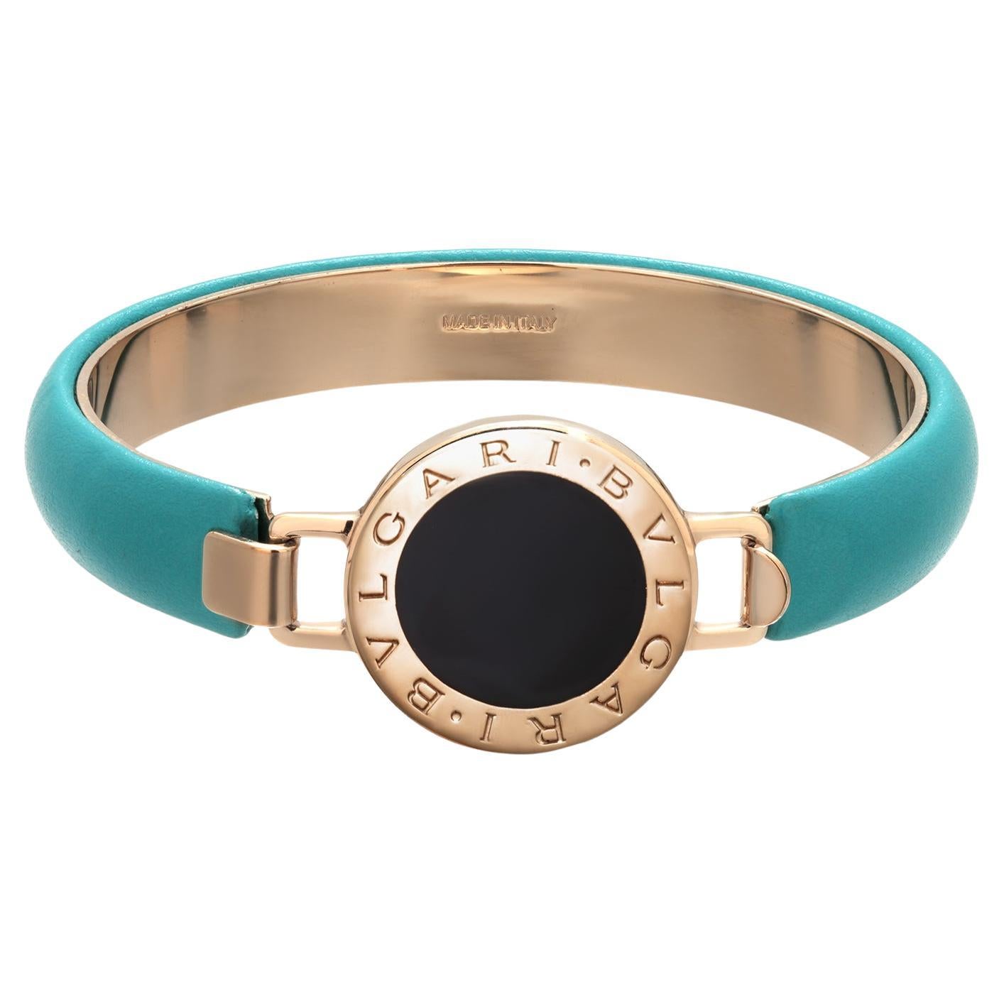 Pulsera vintage Bulgari de metal dorado y cuero turquesa en venta