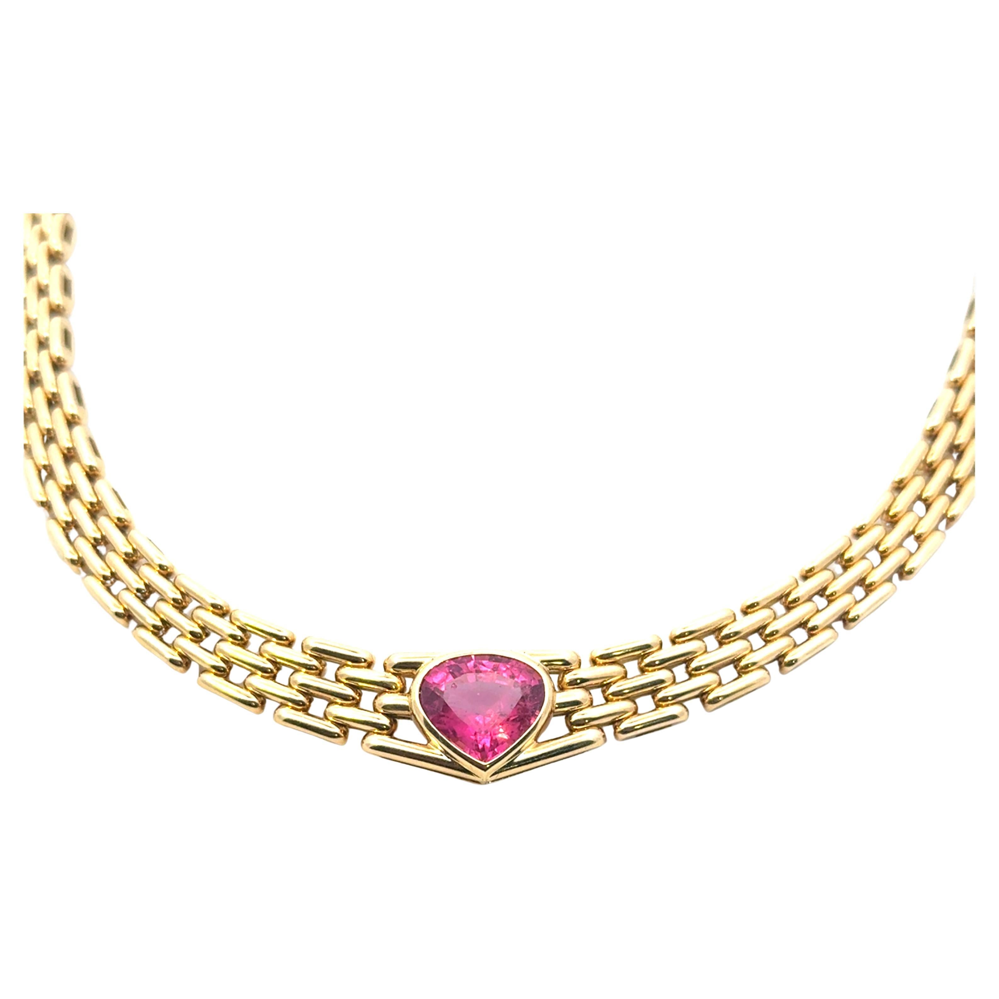 Vintage Bulgari Heart-Shaped Rubellite Heart Necklace in 18 Karat Yellow Gold