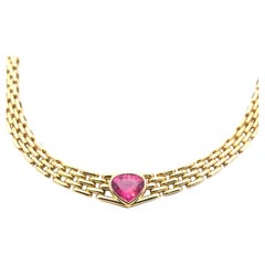 Vintage Bulgari Heart-Shaped Rubellite Heart Necklace in 18 Karat Yellow Gold