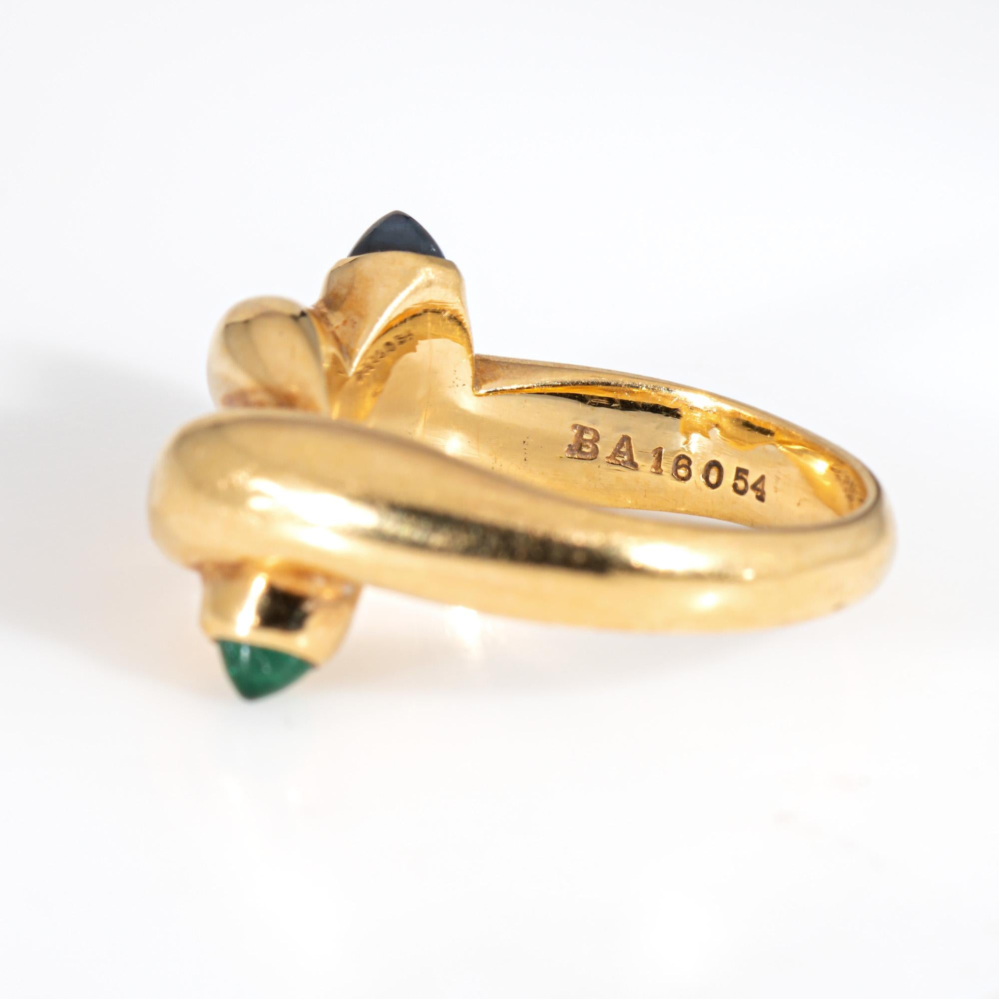 Women's Vintage Bulgari Knot Ring Sapphire Emerald 18k Yellow Gold Sz 5 Signed Jewelry For Sale