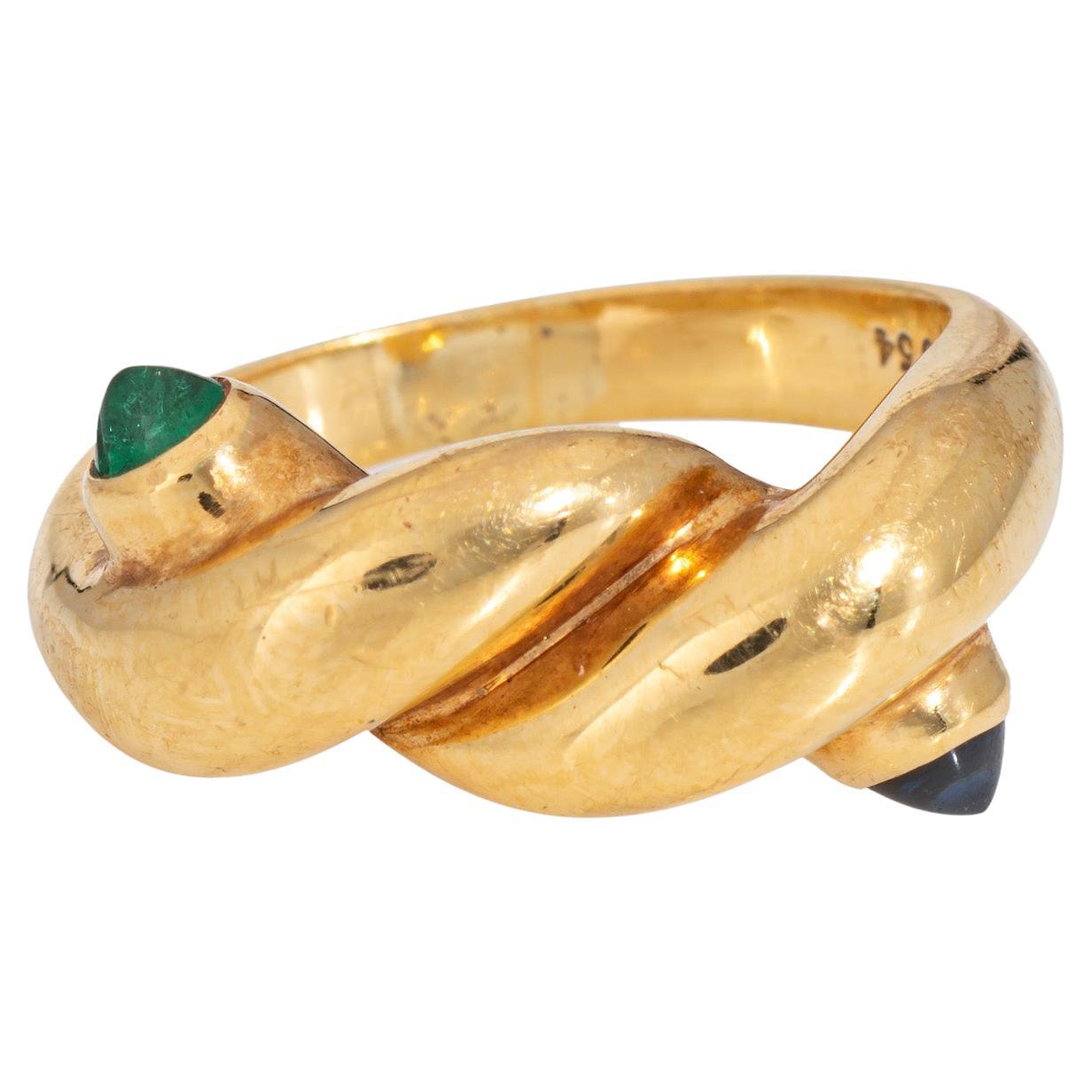 Vintage Bulgari Knot Ring Sapphire Emerald 18k Yellow Gold Sz 5 Signed Jewelry