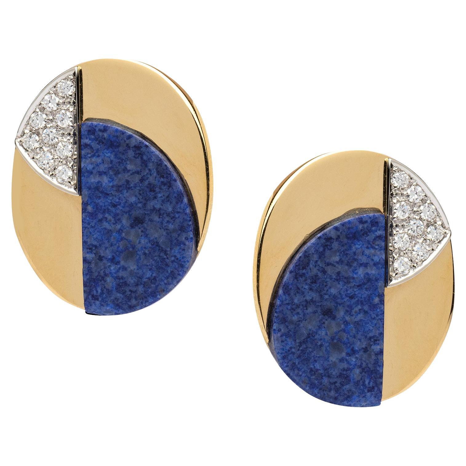 Vintage Bulgari Lapis and Diamond Oval Earrings For Sale
