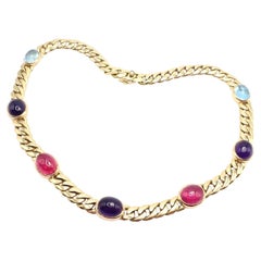 Vintage Bulgari Pink Tourmaline Amethyst Blue Topaz Yellow Gold Link Necklace