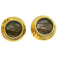 Vintage Bulgari Roman Coin Yellow Gold Earrings