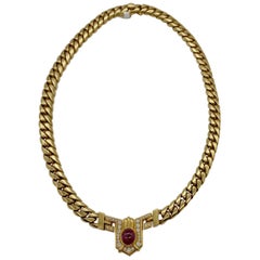 Vintage Bulgari Ruby and Diamond Yellow Gold Chain Necklace