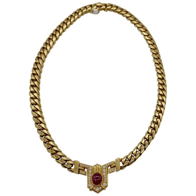 Vintage Bulgari Ruby and Diamond Yellow Gold Chain Necklace For Sale