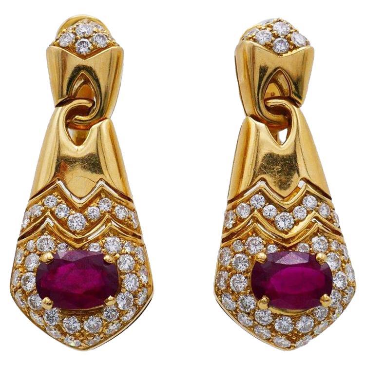 Vintage Bulgari Ruby Diamond 18k Yellow Gold Earrings