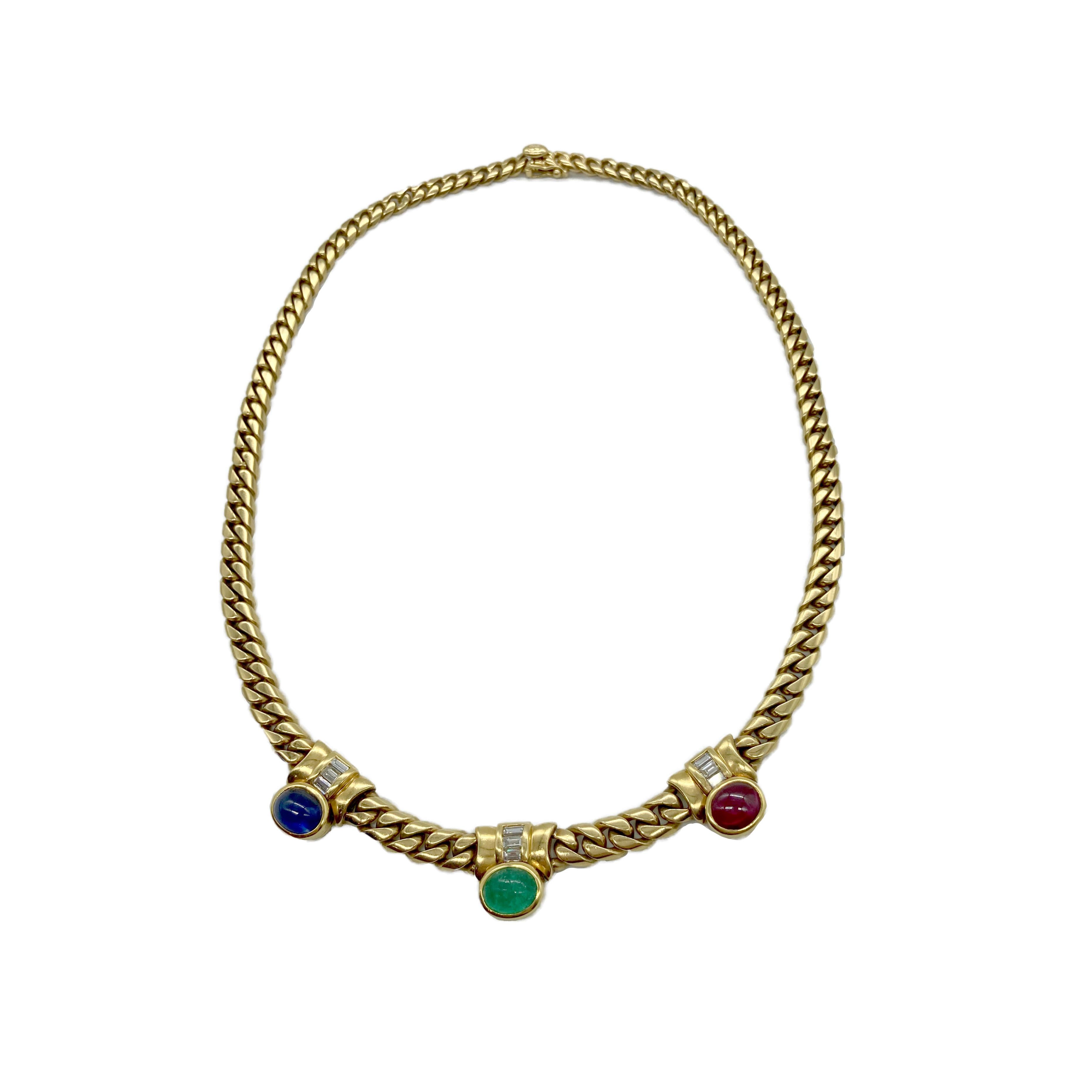 A beautiful Bulgari necklace with multi-color precious gemstones suspended from an 18 karat yellow gold chain. Circa 1970s.