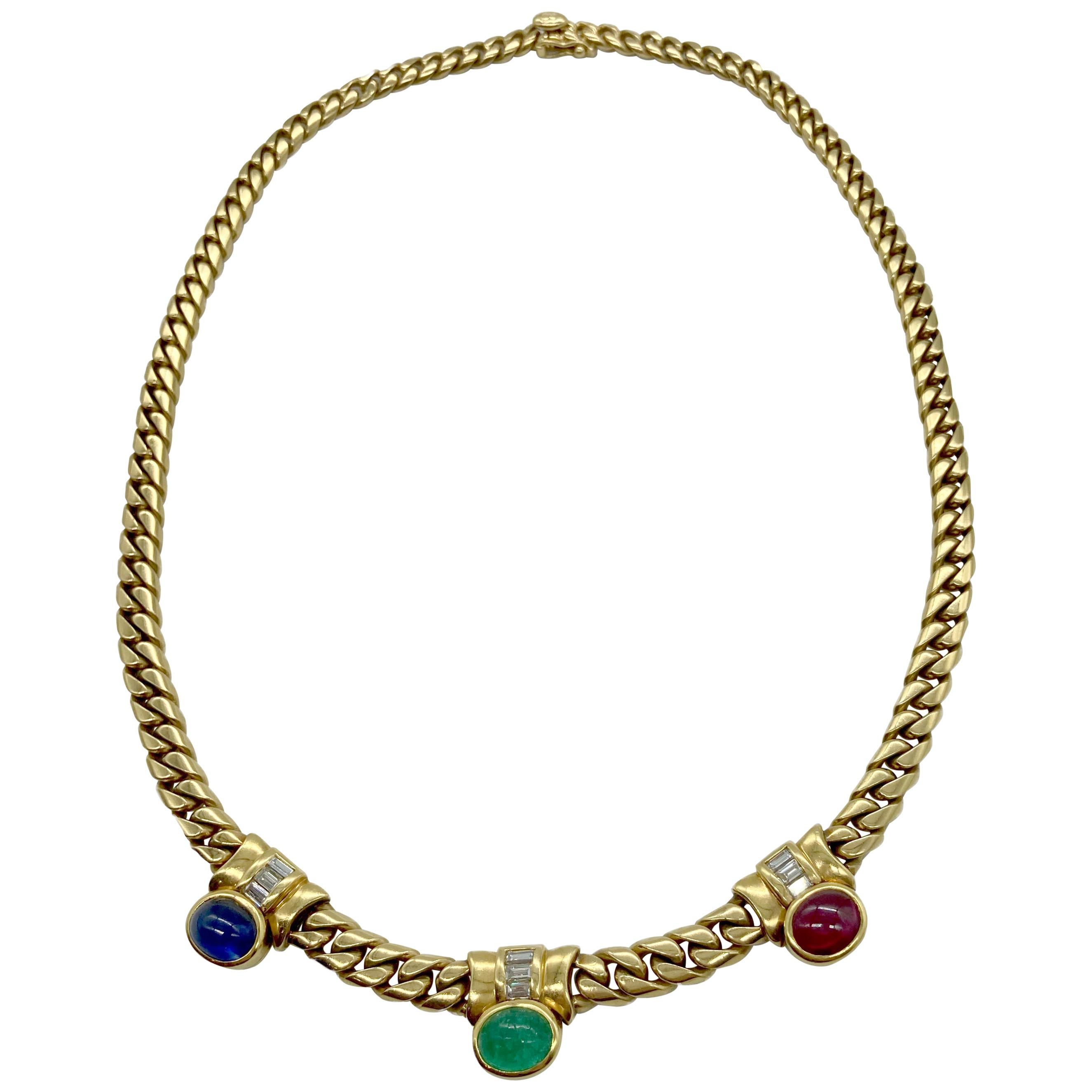 Vintage Bulgari Ruby, Emerald, Sapphire, Diamond Gemstone Necklace