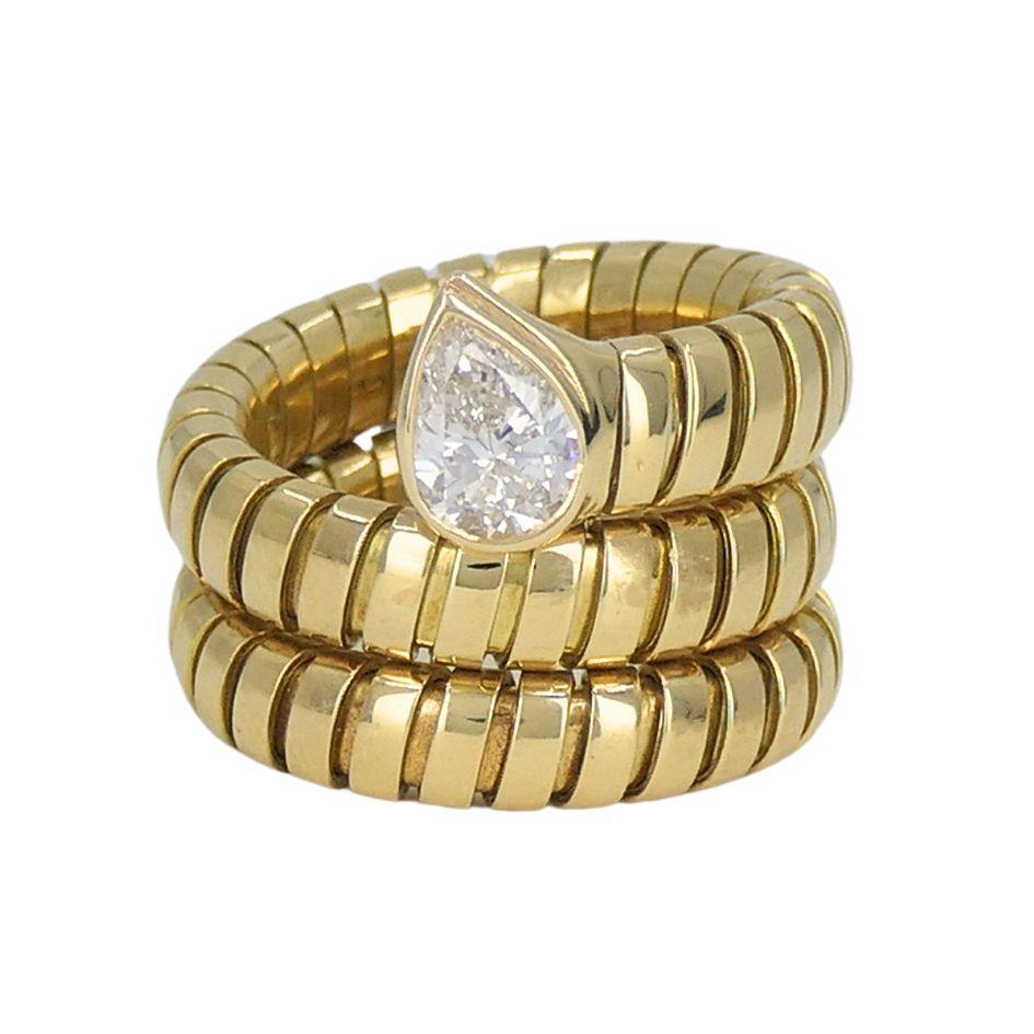 Pear Cut Vintage Bulgari Serpenti Tubogas 18k Gold Diamond Ring For Sale