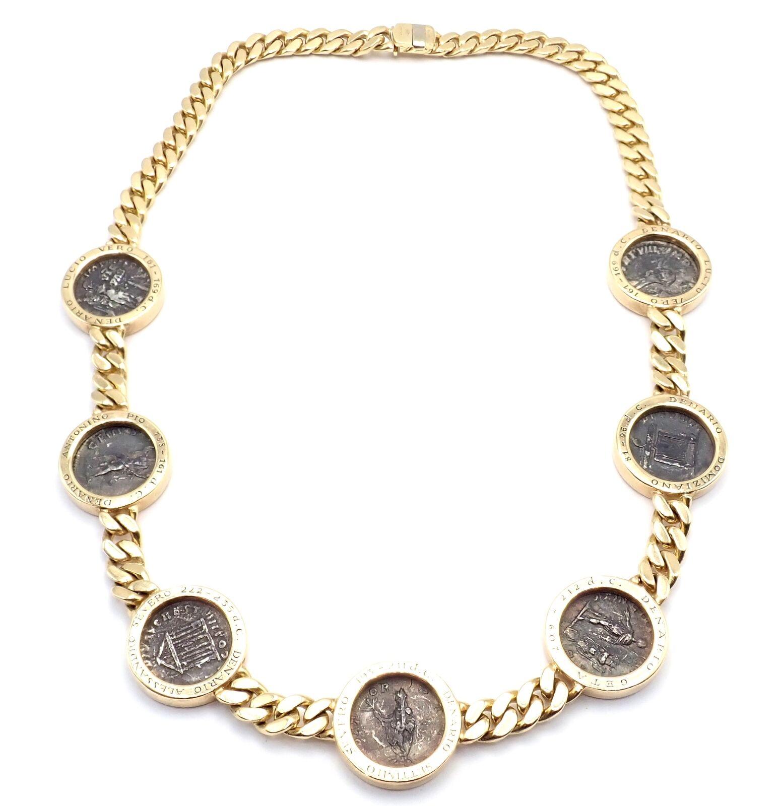 18k Gelbgold Sieben antike Münzen Link Halskette von Bulgari.
Mit 7 römischen Kaisermünzen: Lucius Verus, Antoninus Pius, Alexander Severus, Septimius Severus, Denarius Geta, Domitian, Lucius Verus.
Einzelheiten:
Gewicht: 115,3 Gramm
Länge der