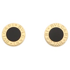 Vintage Bulgari Signature Onyx Disc Stud Earrings in Yellow Gold