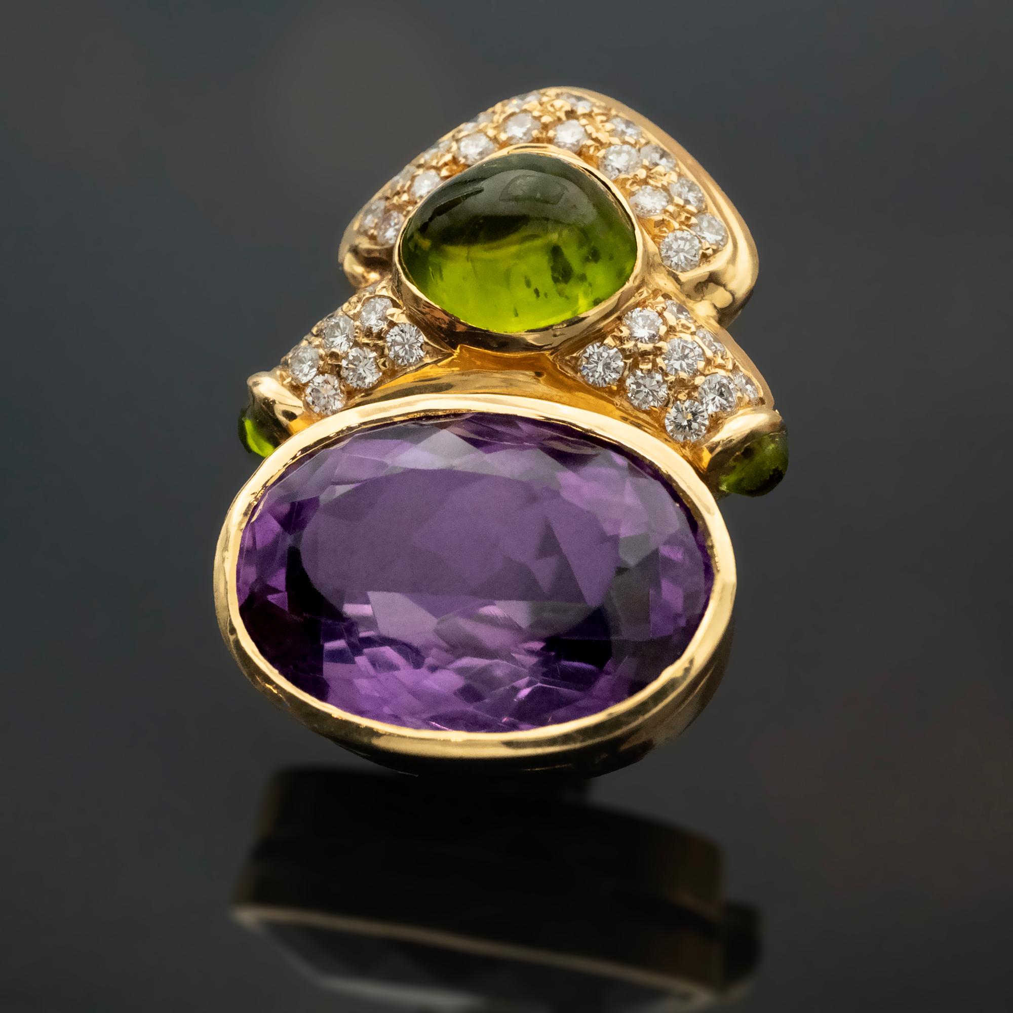 18 Karat Gold Ohrclips im Bulgari-Stil mit Amethyst, Peridot und Diamant im Vintage-Stil im Zustand „Hervorragend“ im Angebot in Monte Carlo, MC
