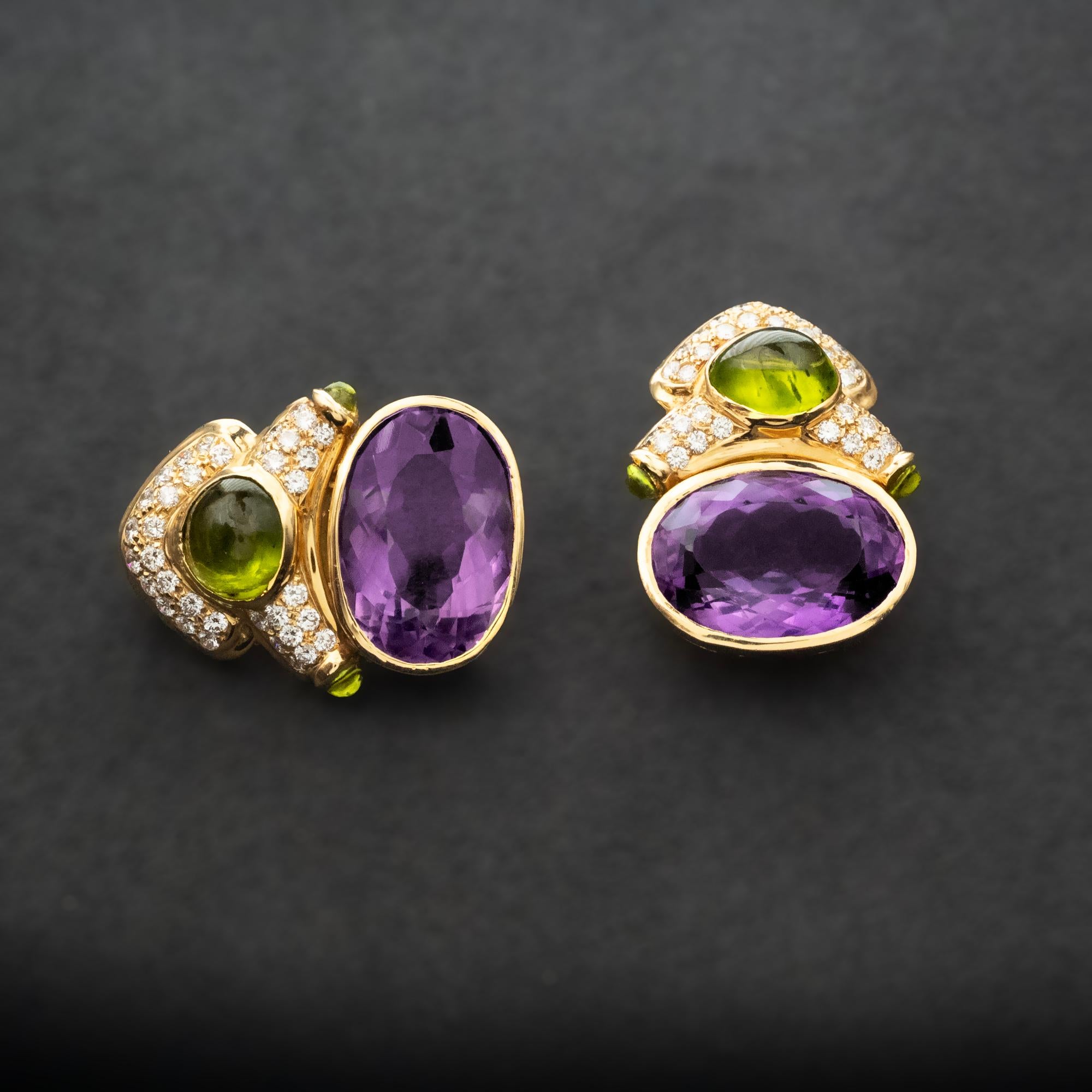 18 Karat Gold Ohrclips im Bulgari-Stil mit Amethyst, Peridot und Diamant im Vintage-Stil Damen im Angebot