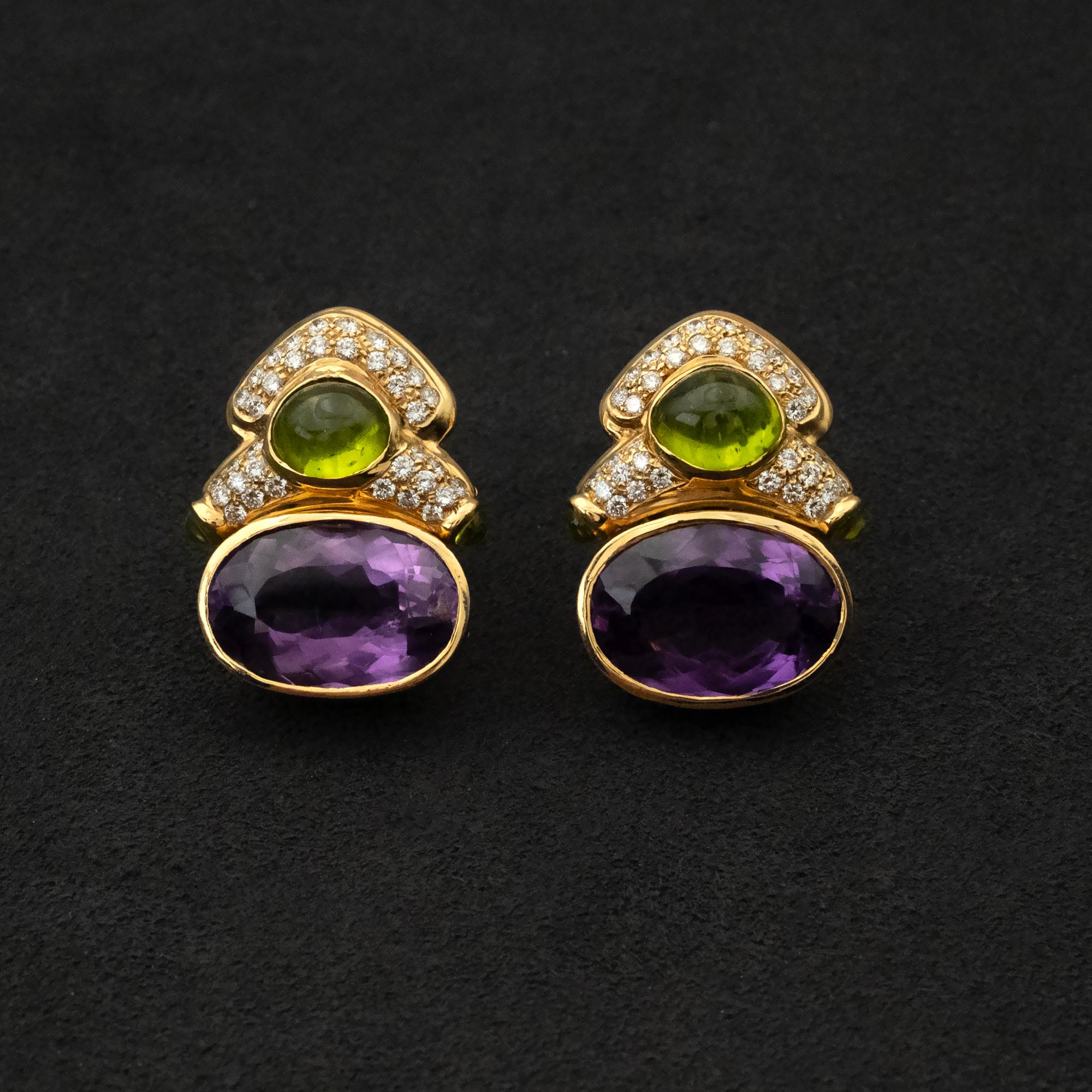 18 Karat Gold Ohrclips im Bulgari-Stil mit Amethyst, Peridot und Diamant im Vintage-Stil im Angebot 1