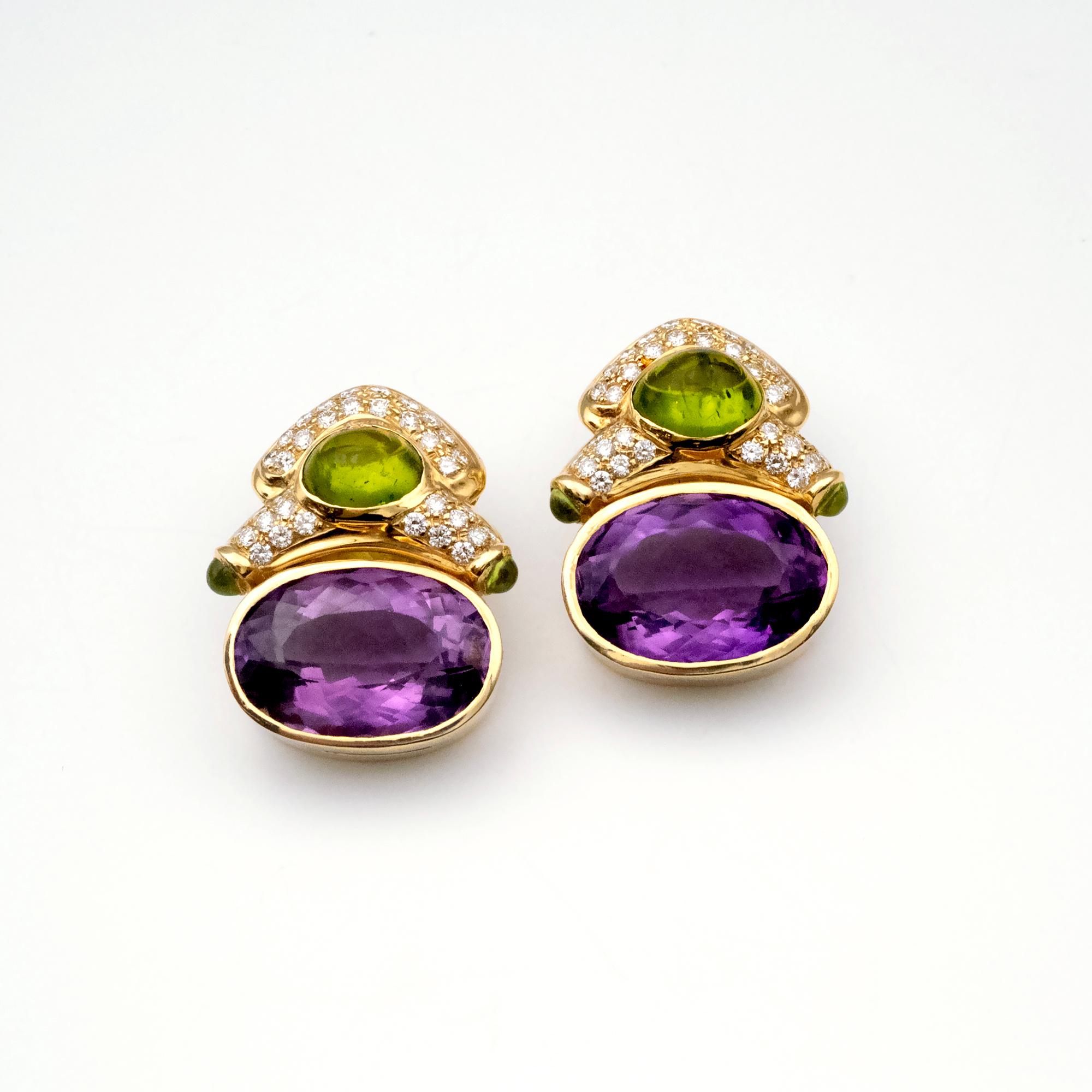 18 Karat Gold Ohrclips im Bulgari-Stil mit Amethyst, Peridot und Diamant im Vintage-Stil im Angebot 2