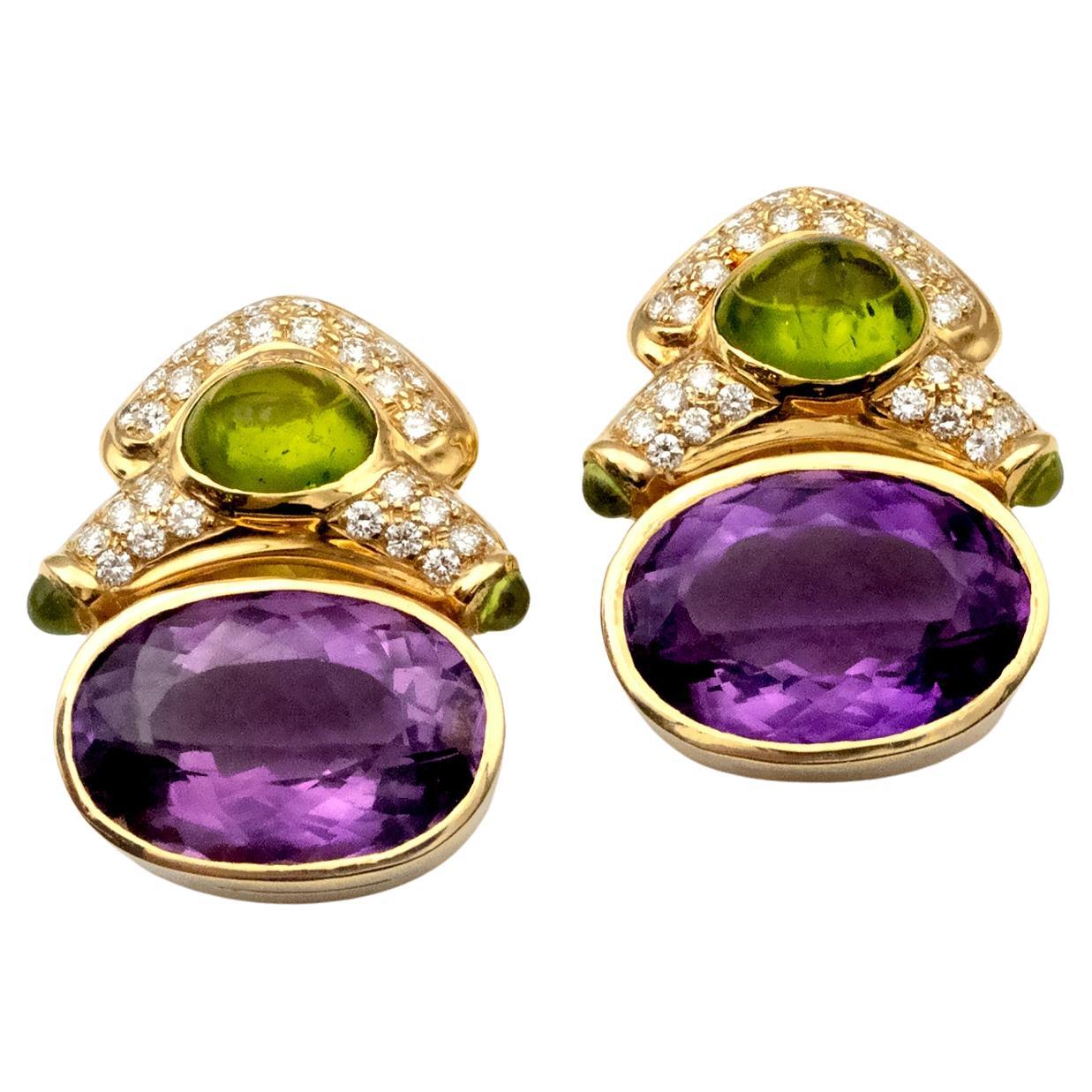 Vintage Bulgari-Style Amethyst, Peridot & Diamond 18K Gold Clip-On Earrings