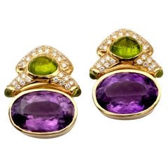 Vintage Bulgari-Style Amethyst, Peridot & Diamond 18K Gold Clip-On Earrings