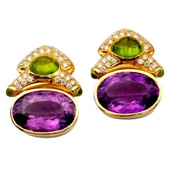 Vintage Bulgari-Style Amethyst, Peridot & Diamond 18K Gold Clip-On Earrings