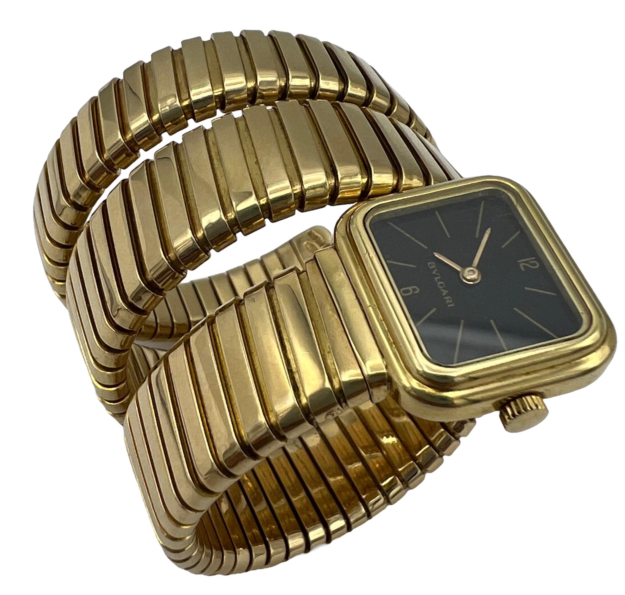 DESIGNER: Bulgari
CIRCA: 1960’s- 1980’s
MATERIALS: 18K Yellow Gold
WEIGHT: 117.8 grams
MEASUREMENTS: Fits up to 5.5, The Face: 1/2” x 5/8”
HALLMARKS: BVLGARI, G.1113.4, 15776
ITEM DETAILS:
A rare vintage Bulgari Tubogas watch, made of 18k yellow