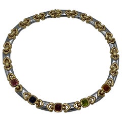 Vintage Bulgari Yellow Gold and Stainless Steel, Gemstone Link Necklace 