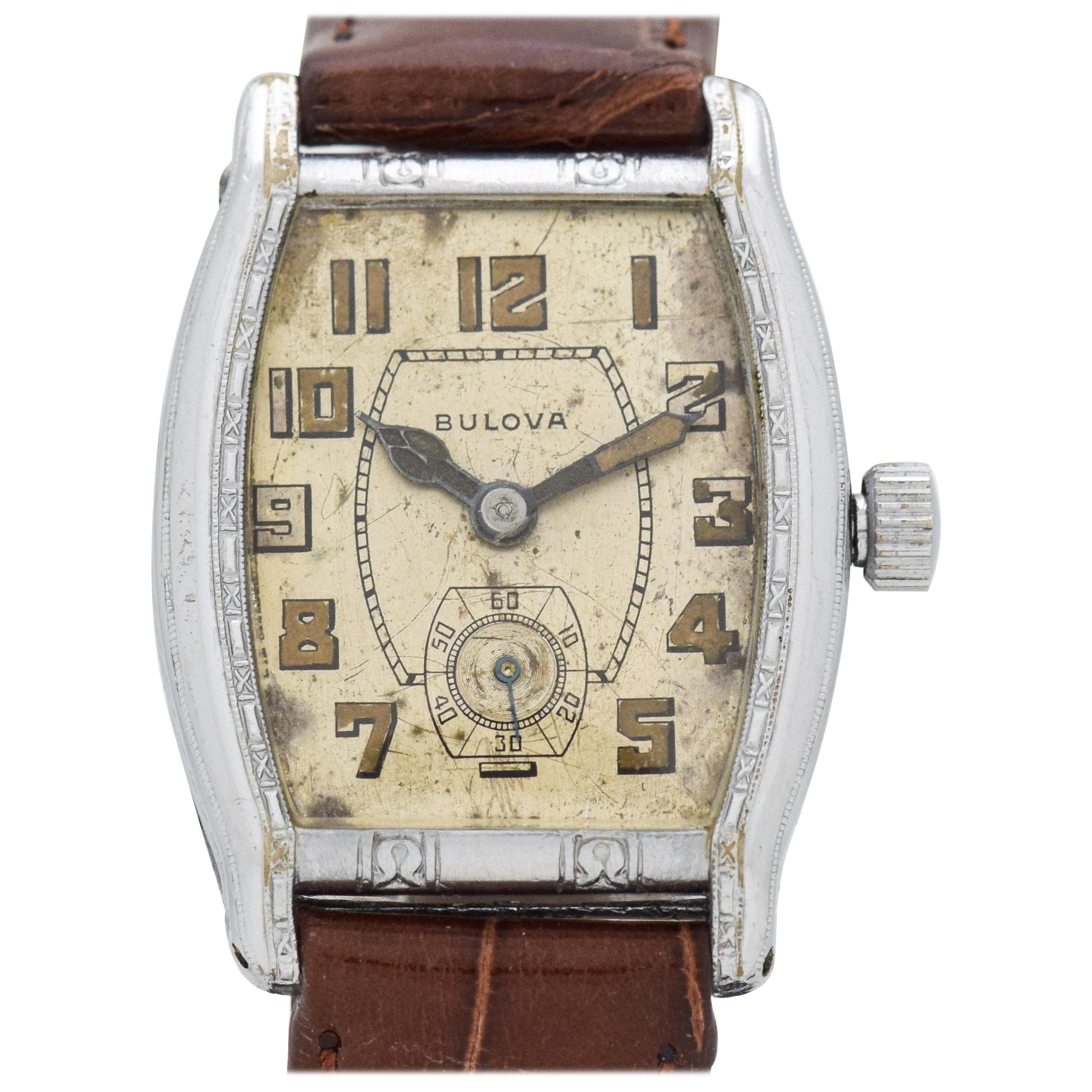Vintage Bulova 14 Karat White Gold-Plated Watch, 1929 For Sale