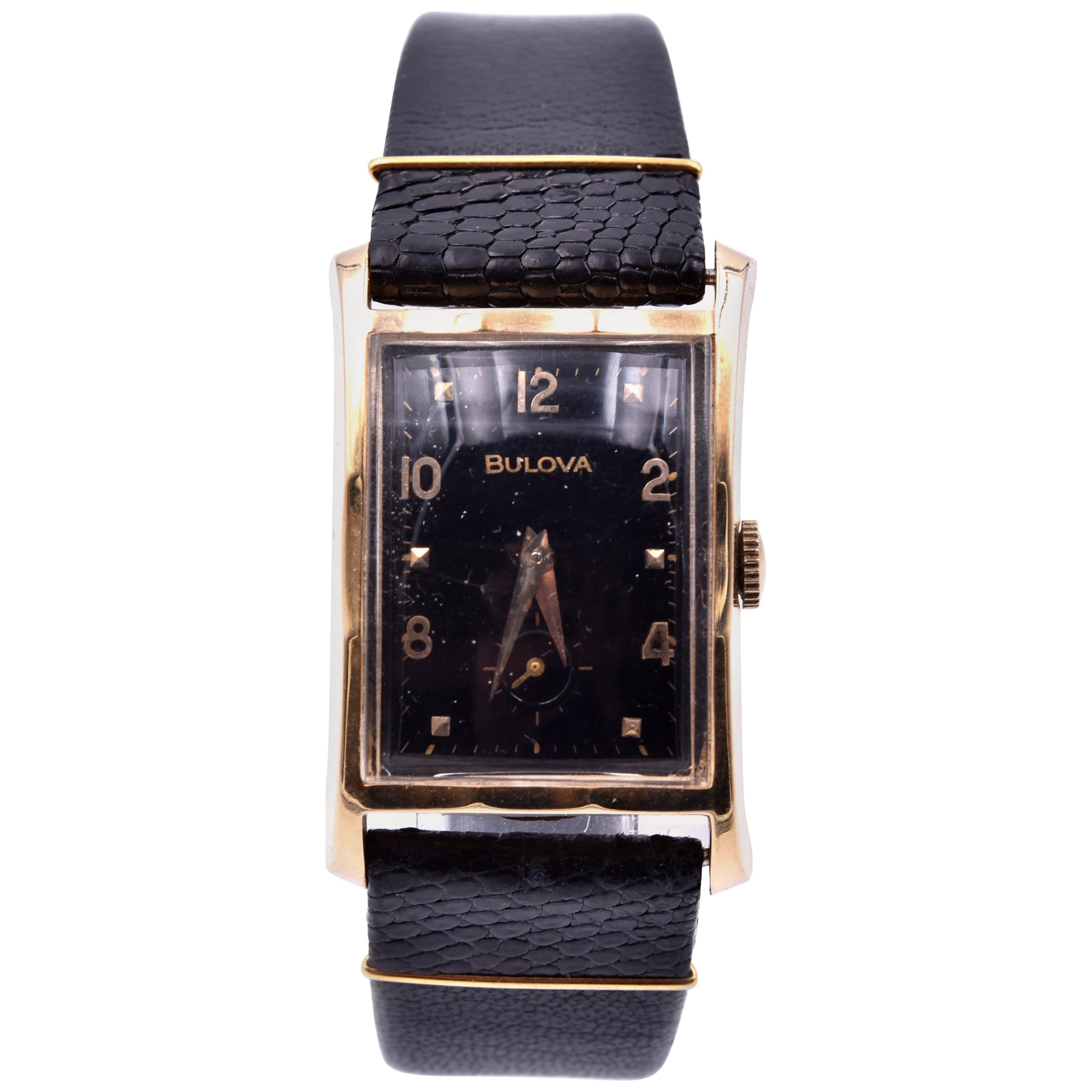 Vintage Bulova 14 Karat Yellow Gold Watch on Black Leather Strap