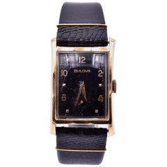 Retro Bulova 14 Karat Yellow Gold Watch on Black Leather Strap