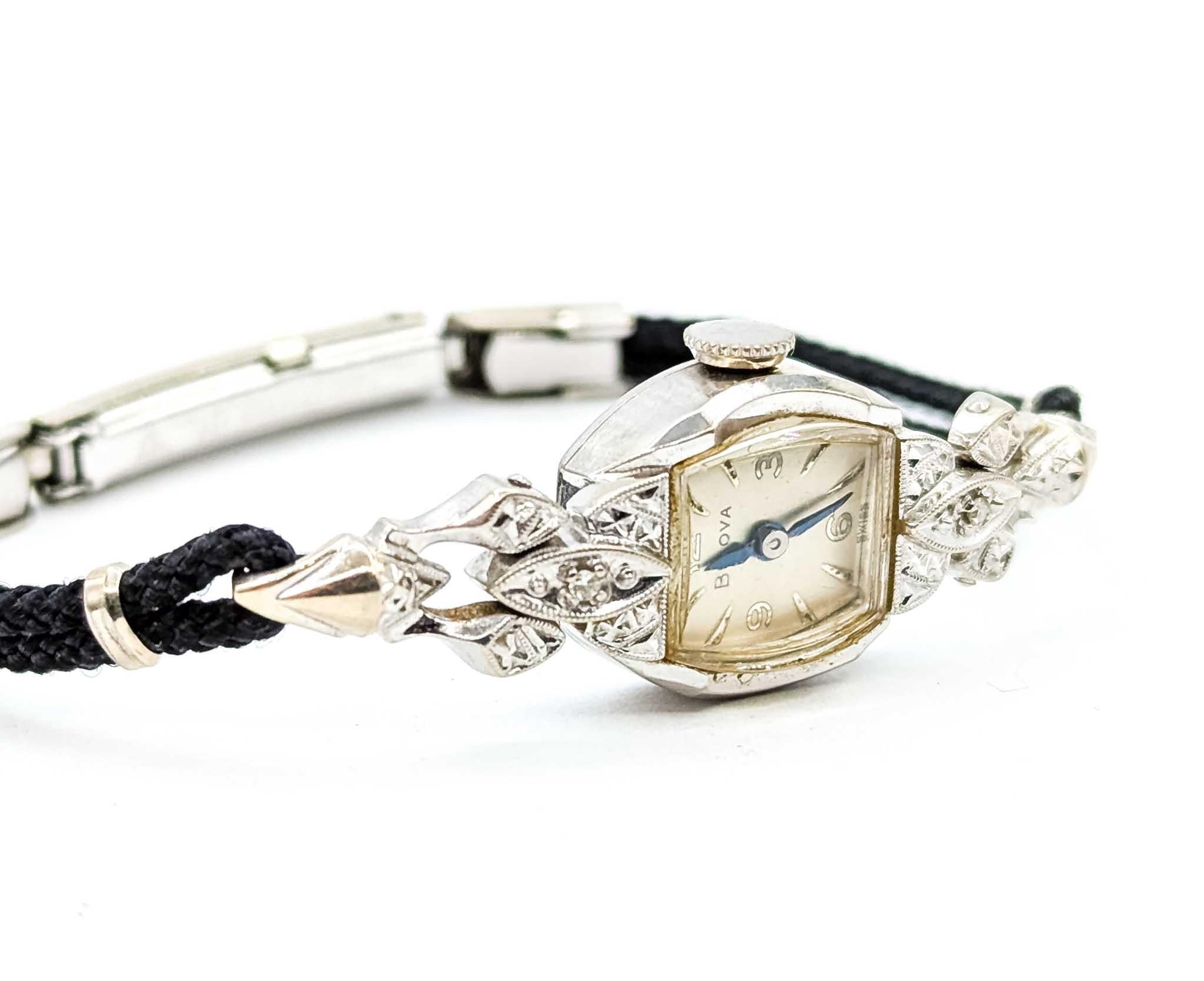 Art Deco Vintage Bulova 14k White Gold Diamond Accent Wind-Up Wristwatch For Sale