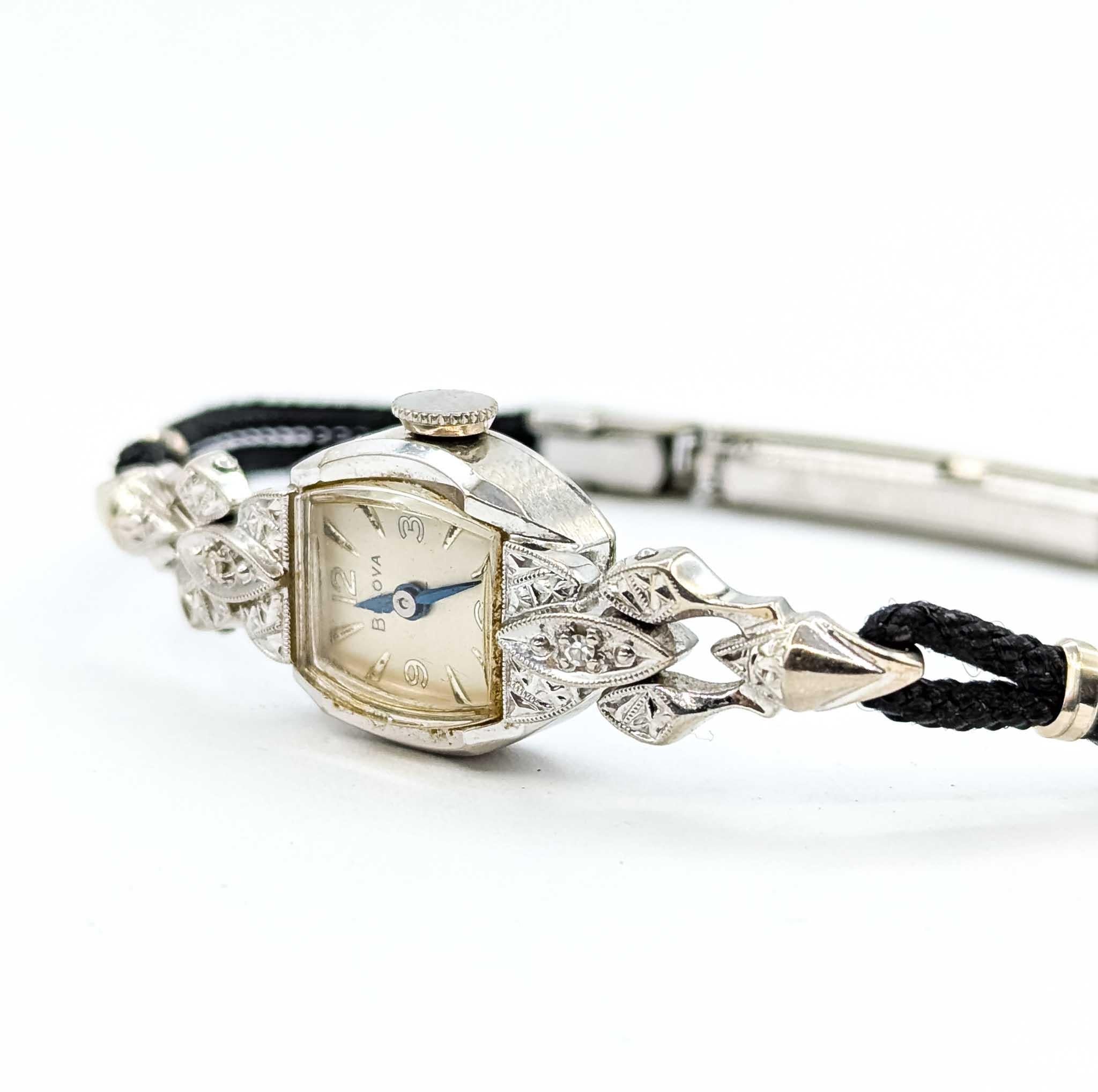 Single Cut Vintage Bulova 14k White Gold Diamond Accent Wind-Up Wristwatch For Sale