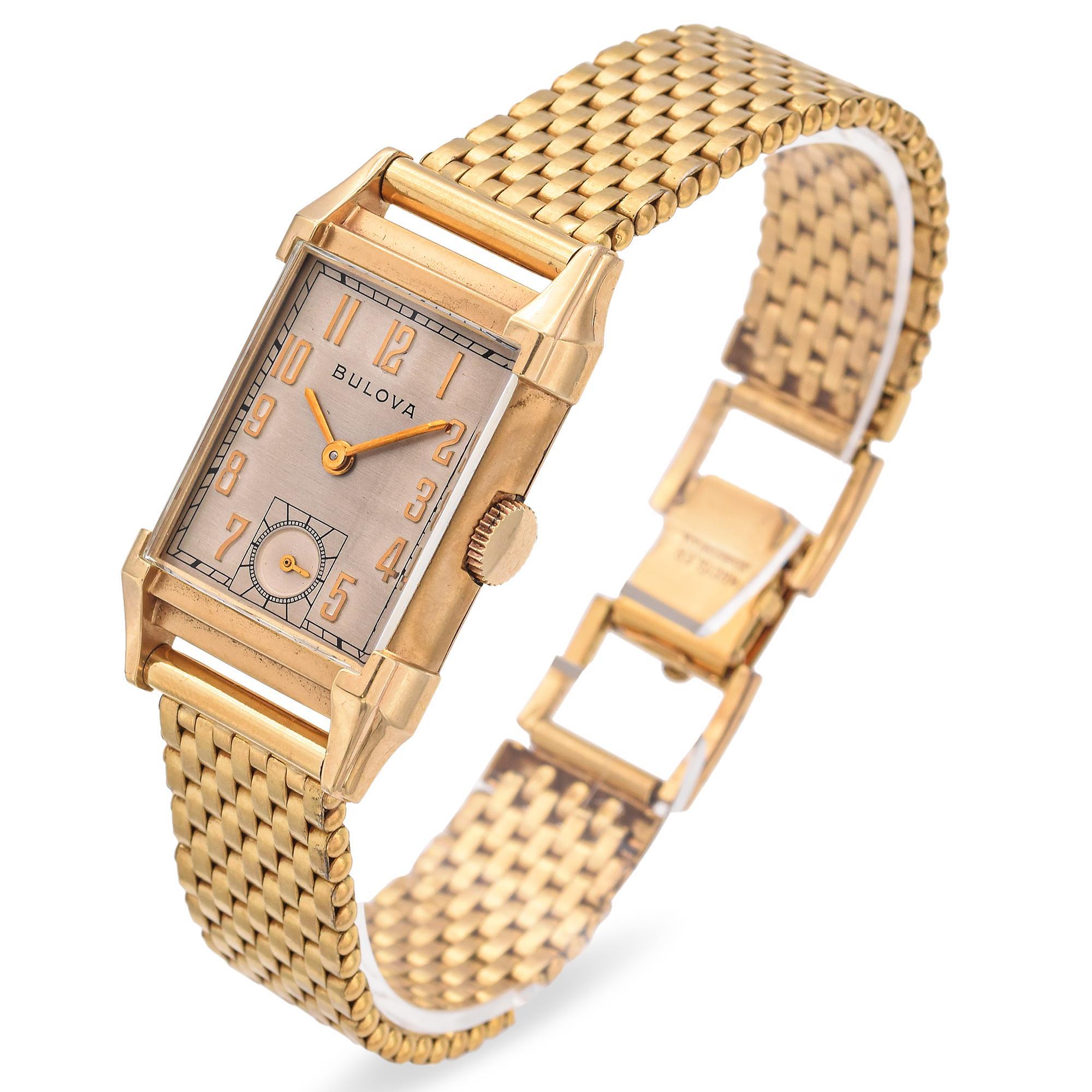 Vintage Bulova Art Deco 10K Gold Filled Tank Men's Watch w Kreisler Band In Good Condition In New York, NY