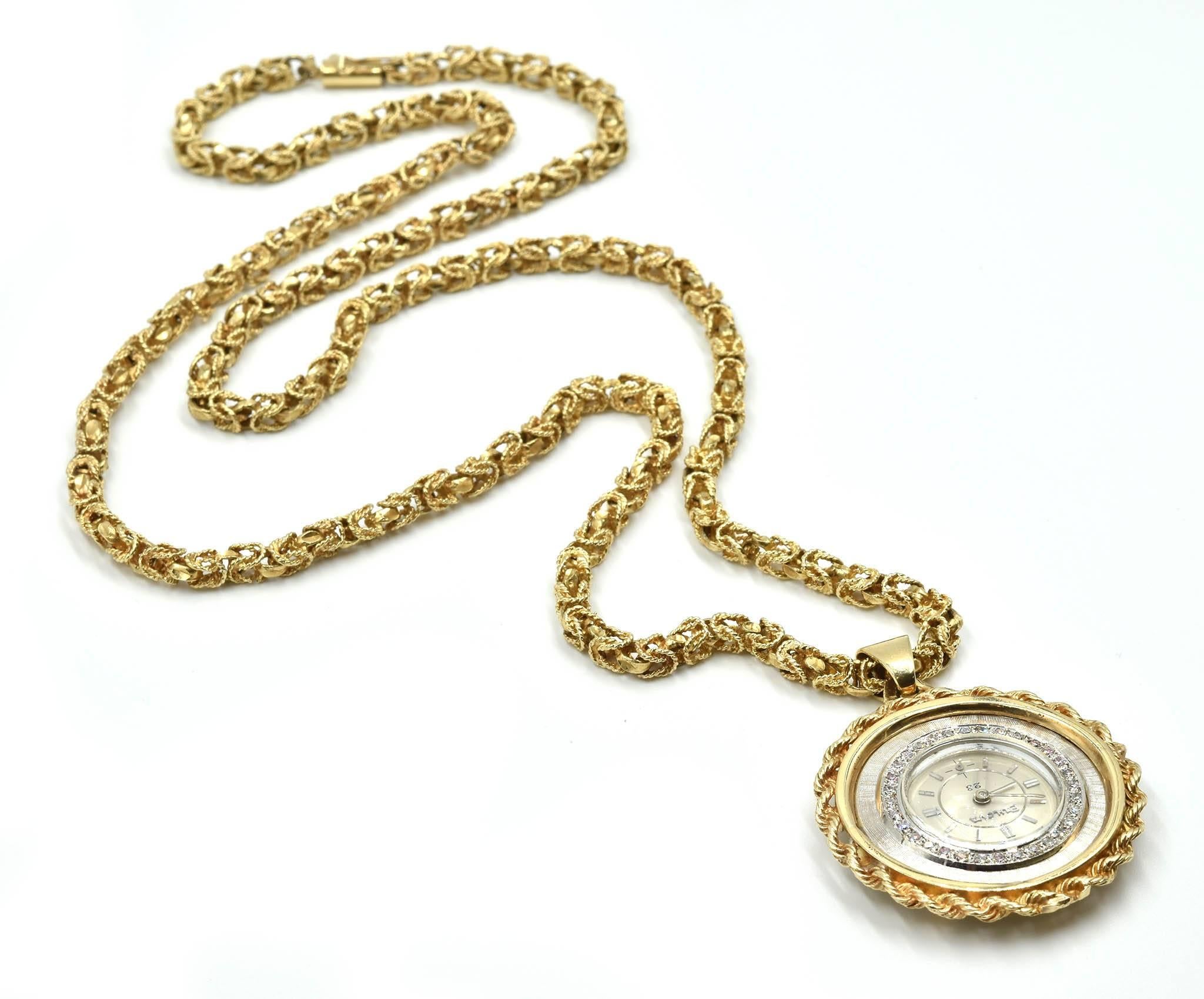 Round Cut Bulova Yellow Gold Diamond Vintage Pendant Watch on Yellow Gold Chain