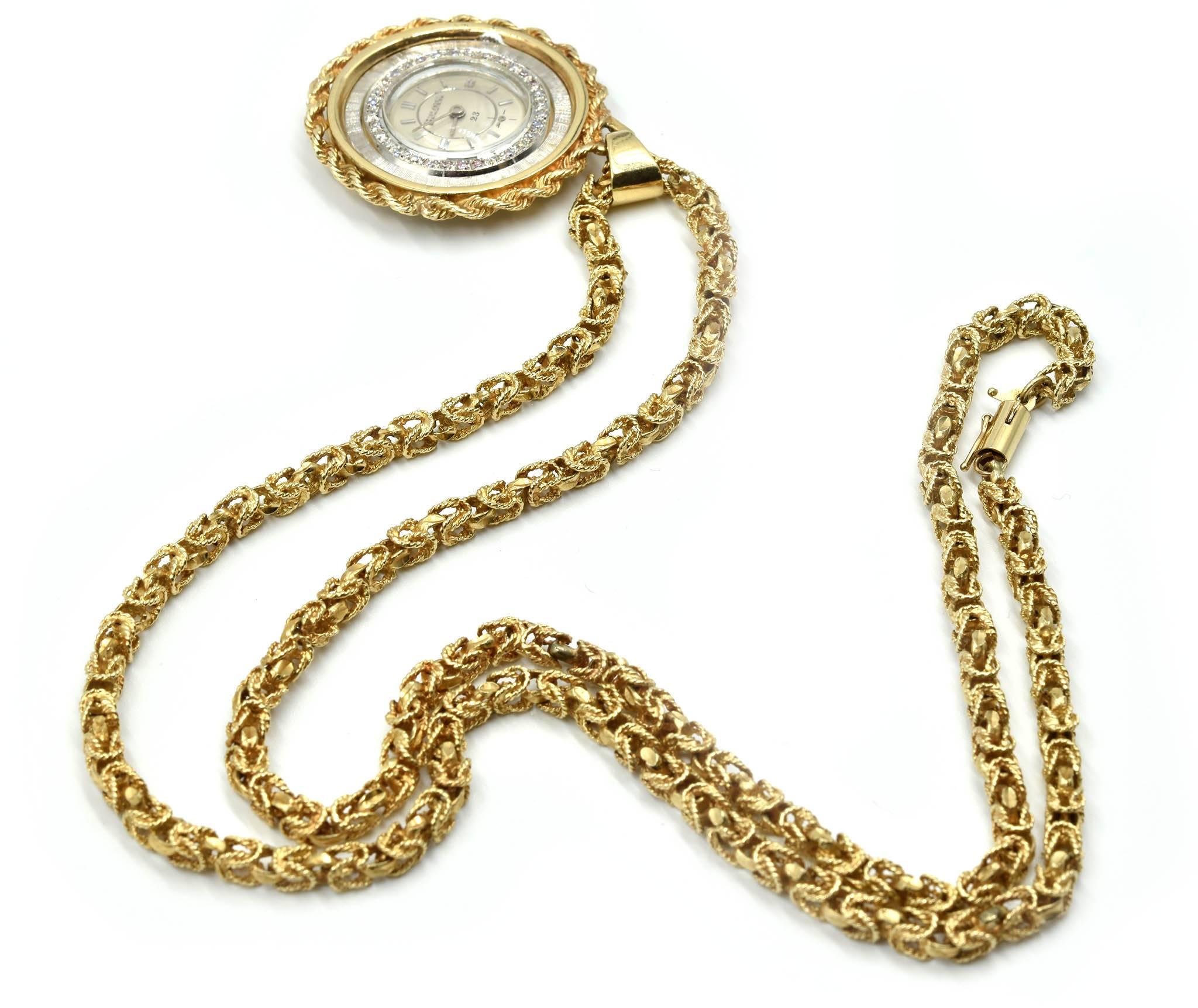 Bulova Yellow Gold Diamond Vintage Pendant Watch on Yellow Gold Chain In Excellent Condition In Scottsdale, AZ
