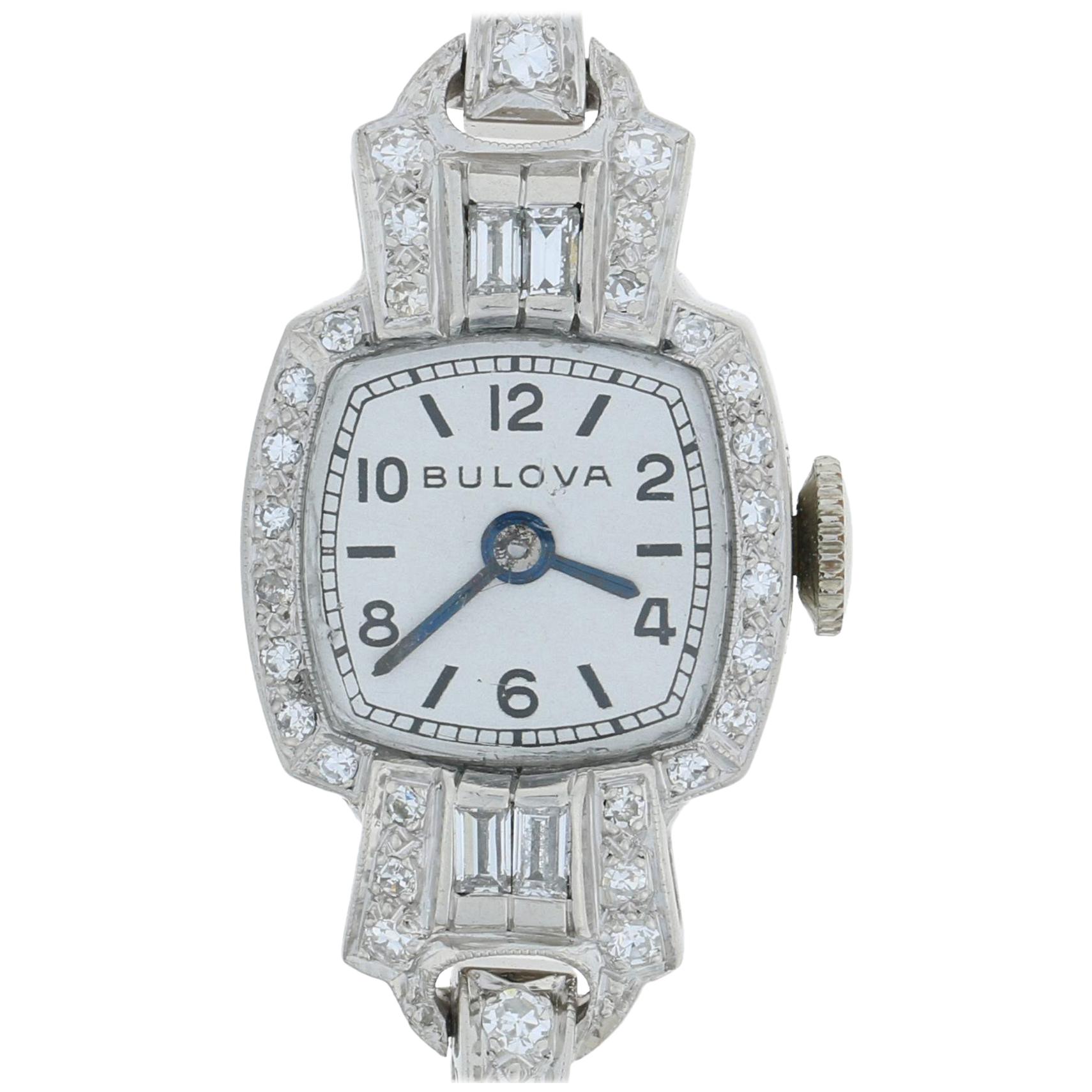 Vintage Bulova Diamond Ladies Watch 900 Platinum & 14k Gold Mechanical 2Yr. Wnty