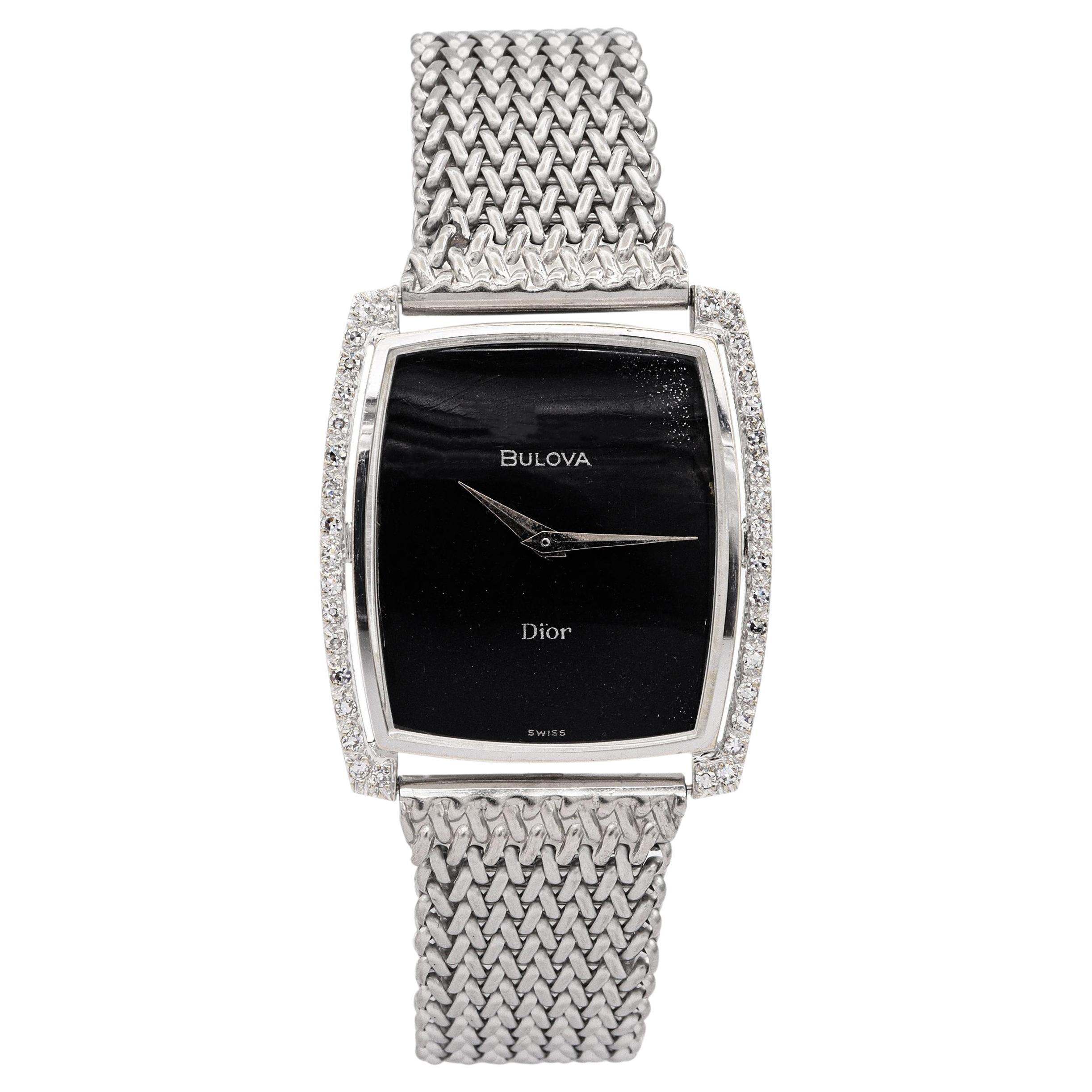 Vintage Bulova Dior 14k Weißgold Diamant Lünette Hand Wind Herrenuhr