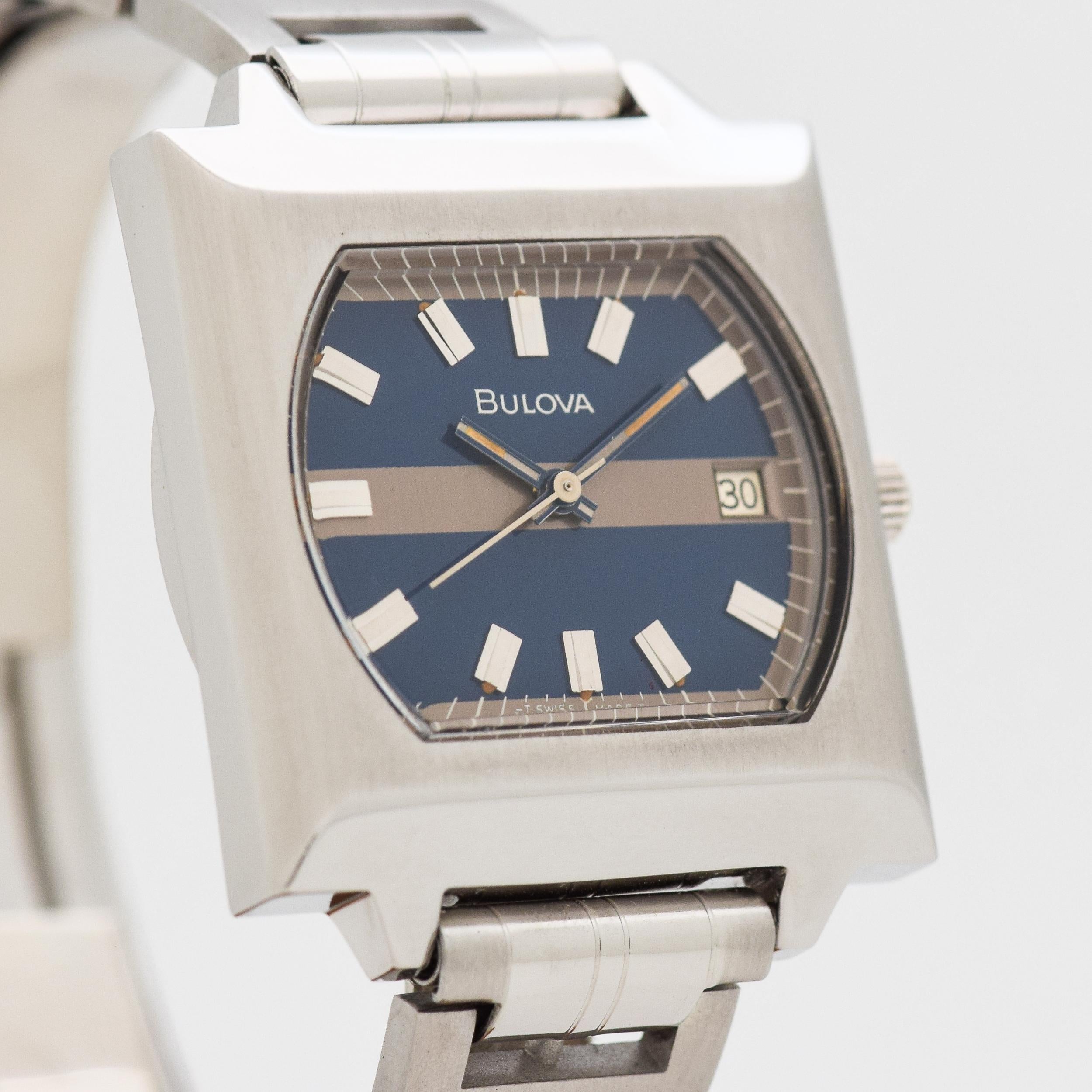 1973 Vintage Bulova T-3263 Stainless Steel watch with Original Blue Dial with Applied Steel Wise Bar/Baton Markers with JB Champion Stainless Steel Bracelet. 35mm x 41mm lug to lug (1.38 in. x 1.61 in.) - 17 jewel, manual caliber movement. Triple