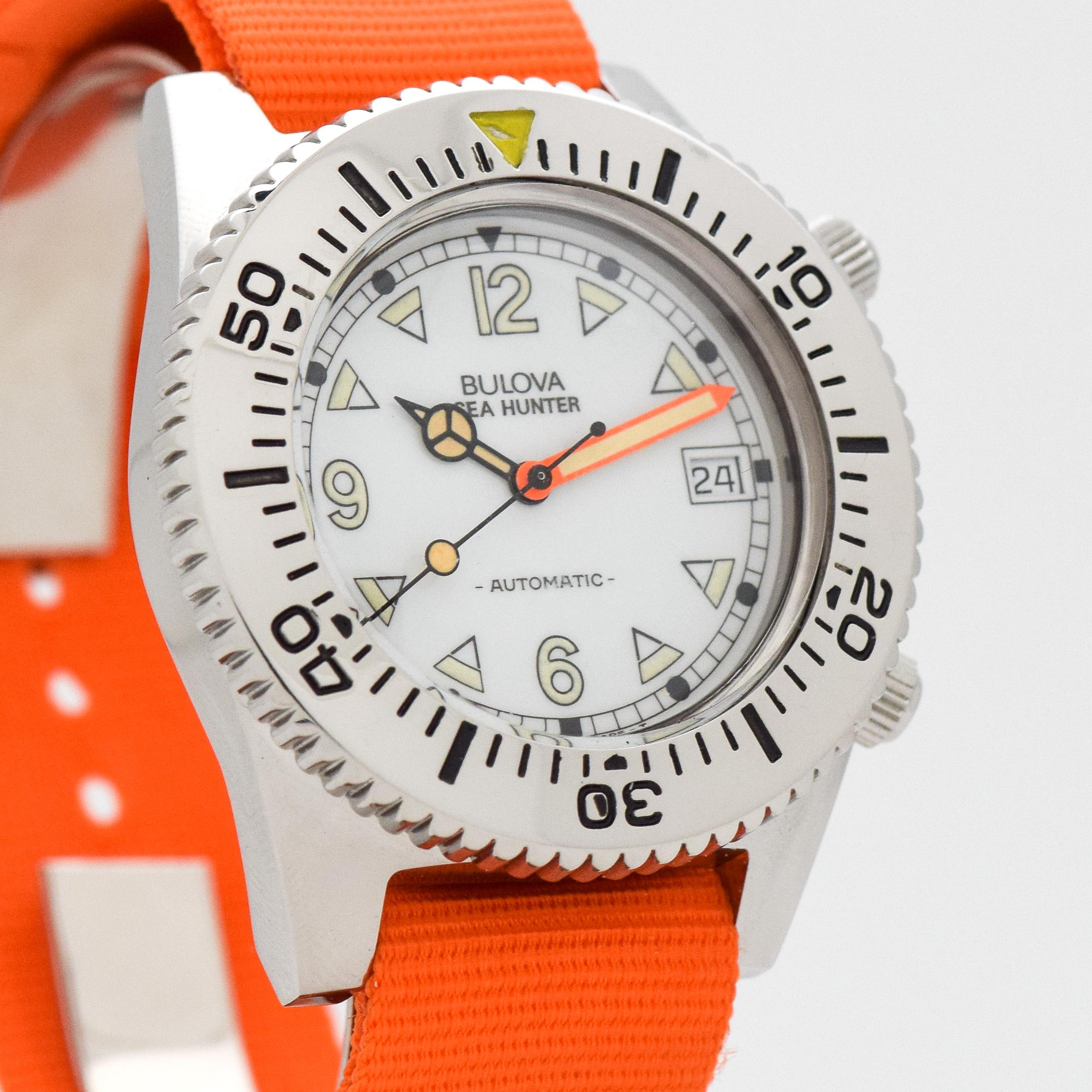 1970's Vintage Bulova Sea Hunter Ref. 11933 Diver's Stainless Steel watch with Locking Rotating Diver's Bezel with Original White Dial with Luminous Arabic 6, 9, and 12 and Triangle Painted Markers. 42mm x 47mm lug to lug (1.65 in. x 1.85 in.) - 25