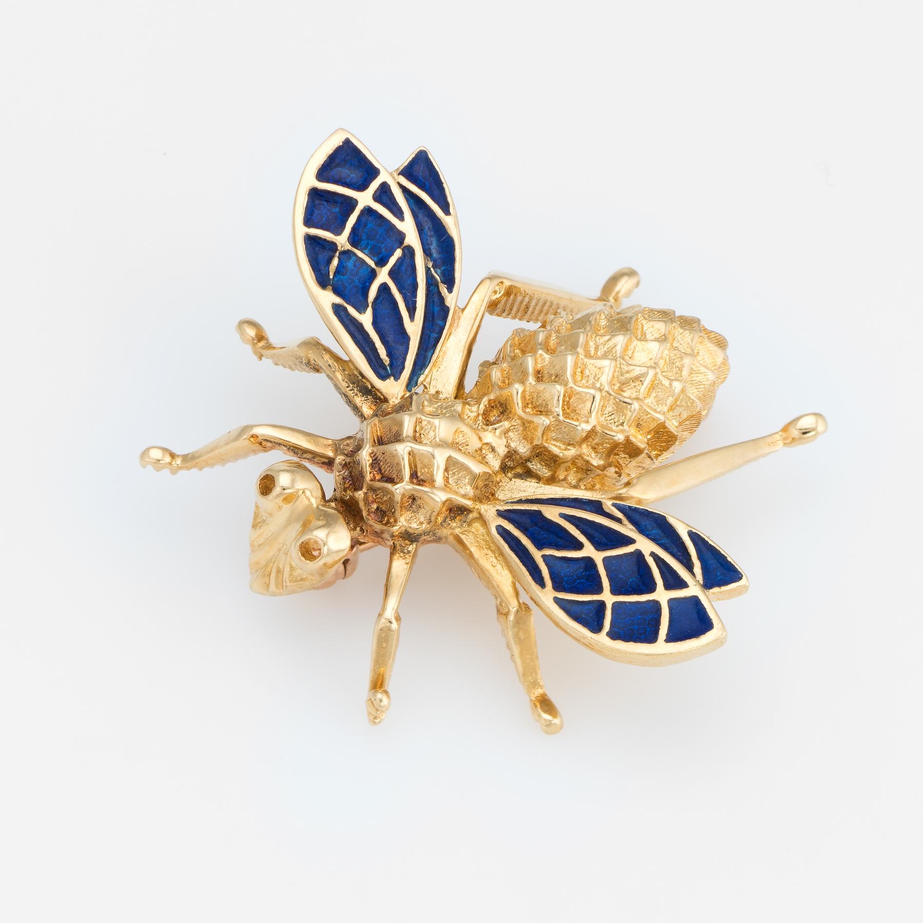 Vintage Bumble Bee Brooch Pin 14 Karat Gold Blue Enamel Wings Estate Jewelry In Excellent Condition In Torrance, CA