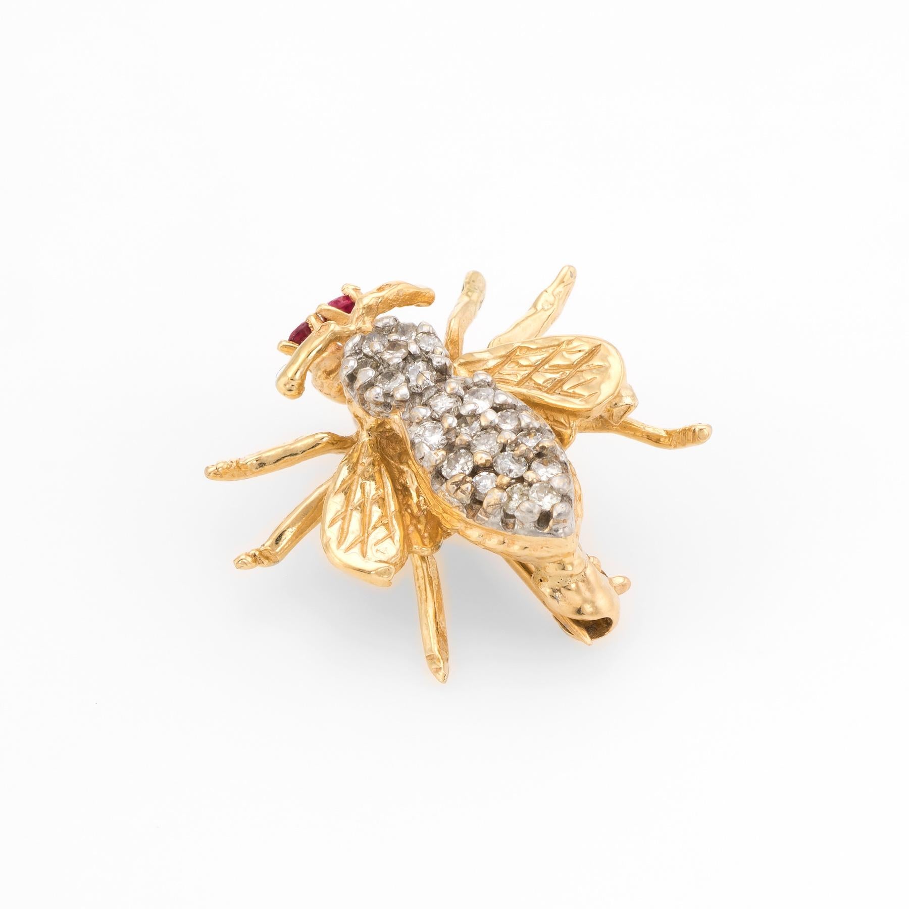 Modern Vintage Bumble Bee Brooch Pin Diamond Ruby 14 Karat Yellow Gold Insect Jewelry
