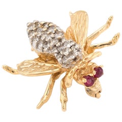 Vintage Bumble Bee Brooch Pin Diamond Ruby 14 Karat Yellow Gold Insect Jewelry