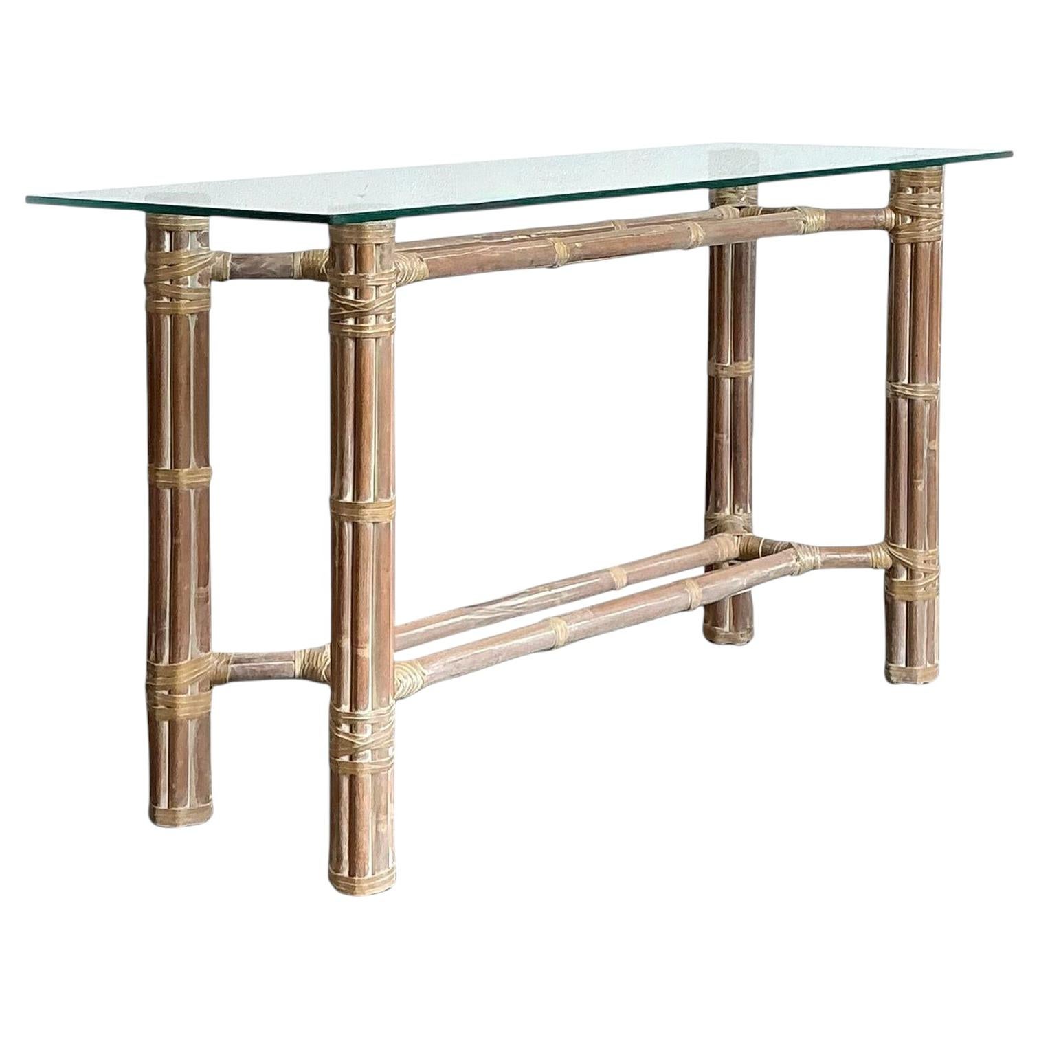 Vintage Bundled Rattan Console Table After McGuire