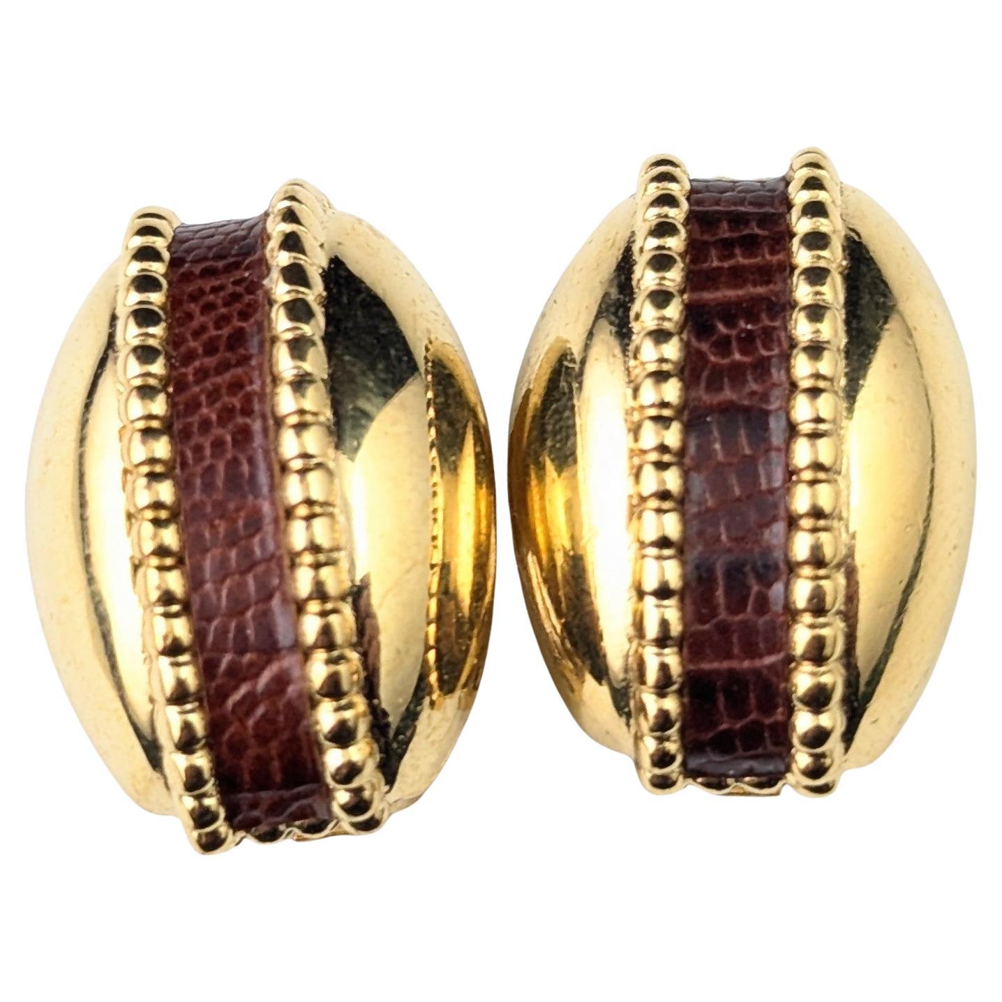 Vintage Burberry clip on earrings, Faux leather and Gold tone