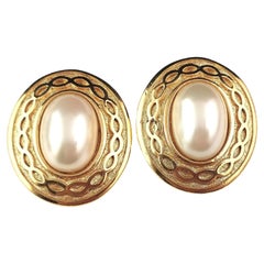 Retro Burberry clip on earrings, Gold tone, Faux pearl 