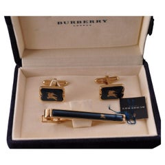 Vintage Burberry Gold Plate Cufflinks & Tie Clip n Original Case, “Circa 1990s”